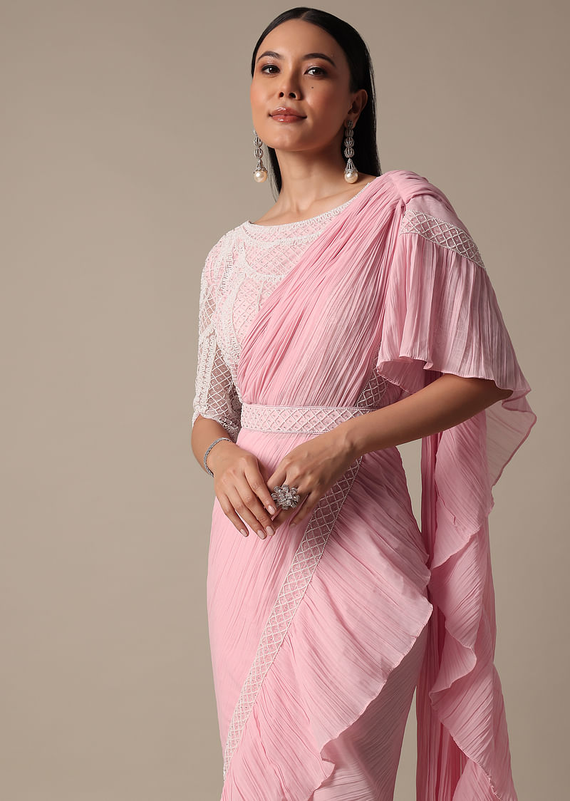 Pink Ready Pleated Frill Saree With Heavy Bead Work Blouse