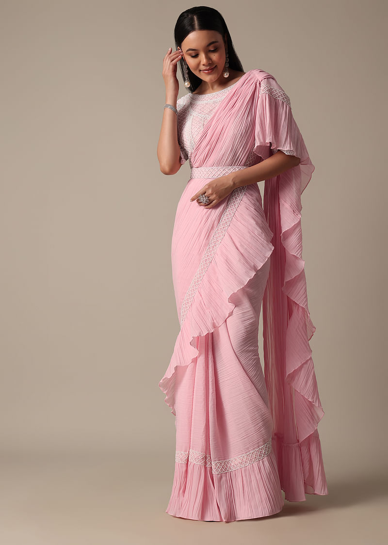 Pink Ready Pleated Frill Saree With Heavy Bead Work Blouse