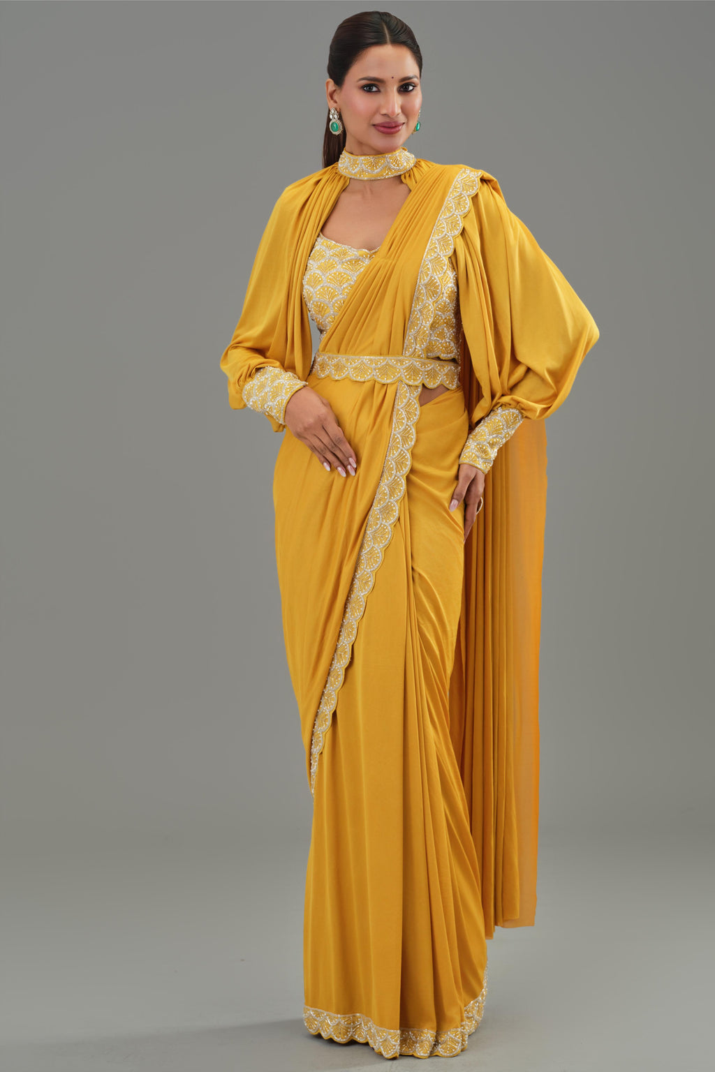 Yellow Embellished Pleated Saree - Front View
