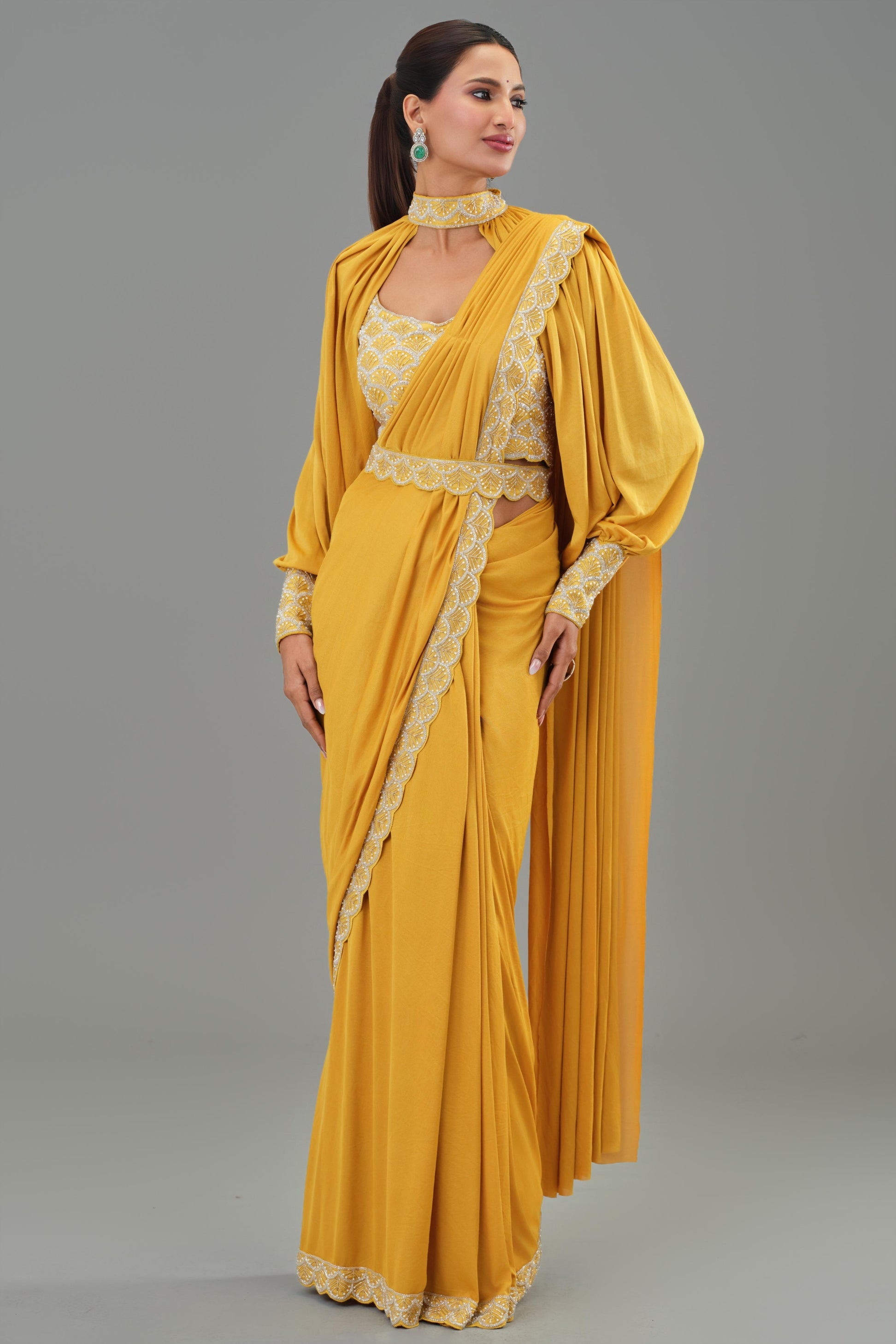 Yellow Embellished Pleated Saree - Front Angle