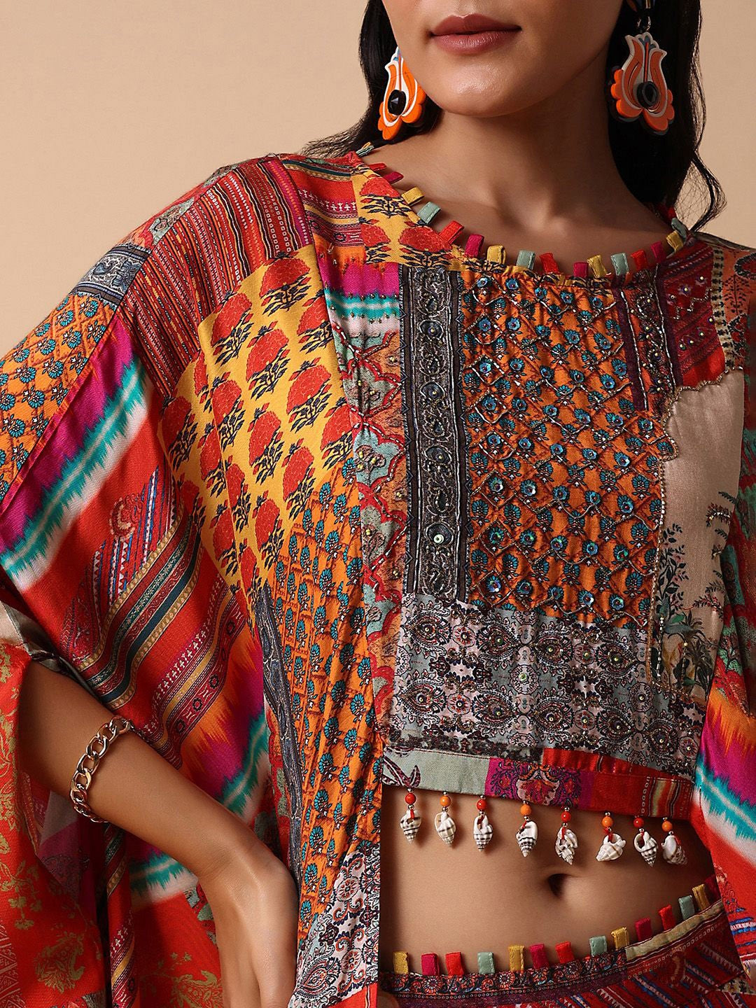 Multicolor Digital Printed Embroidered Crop Top With Skirt