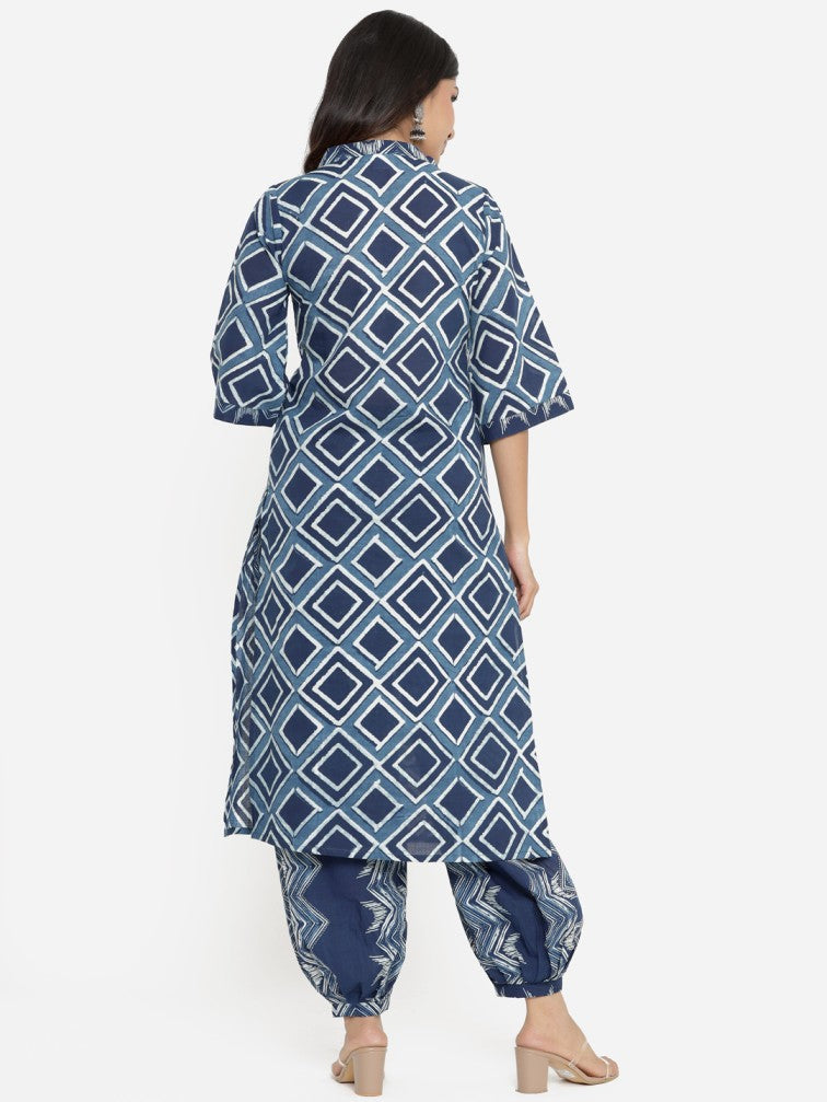 Blue & White Printed Pure Cotton Kurta with Salwar - Daabu Jaipur