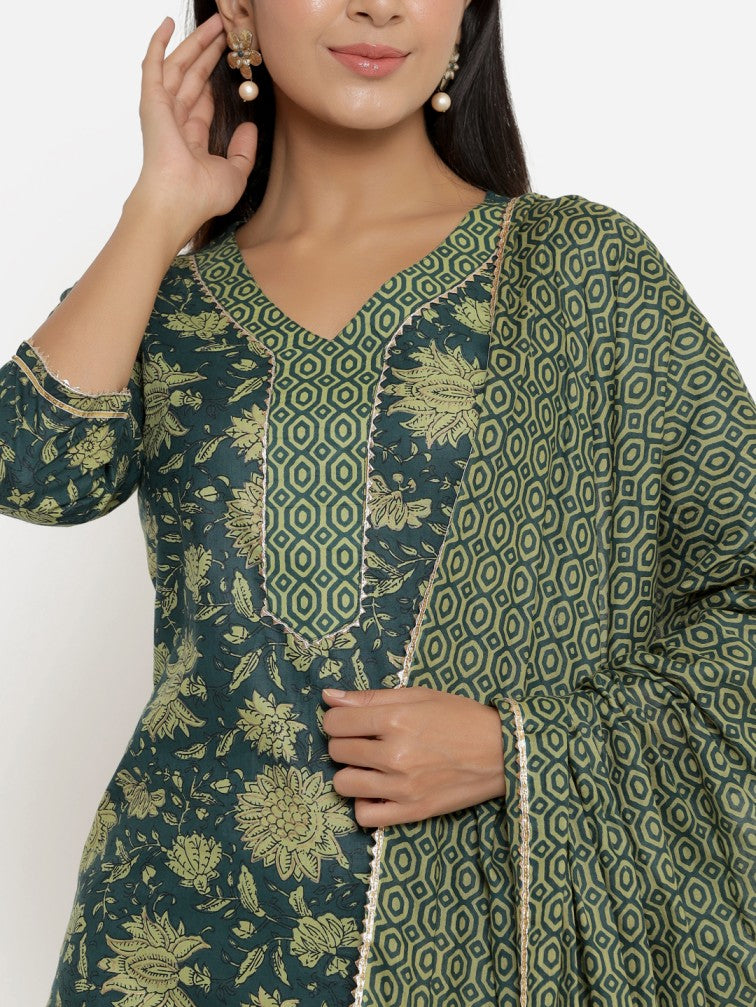 Green Floral Printed Regular Pure Cotton Kurta With Trousers & Dupatta - Daabu Jaipur