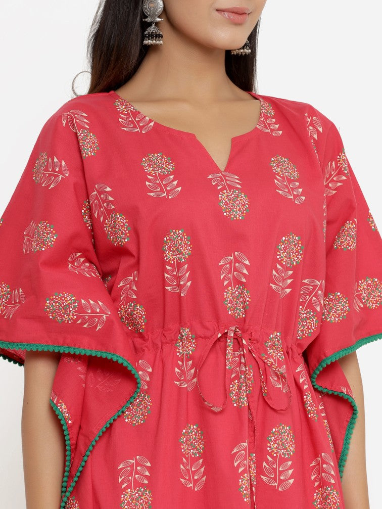 Red Floral Printed Extended Sleeves Kaftan Kurta - Daabu Jaipur