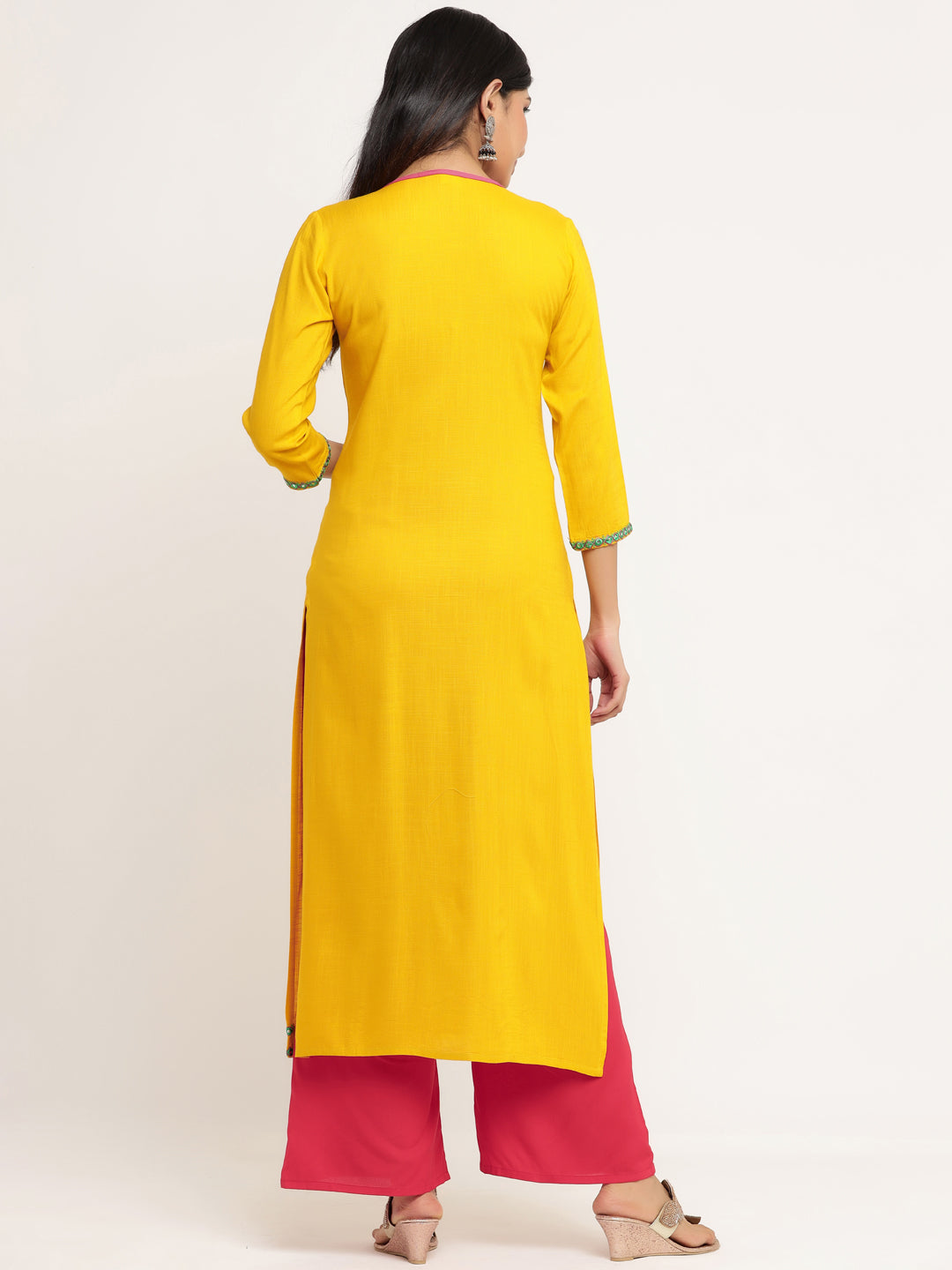 Yellow Rayon Embroidered Straight Kurti