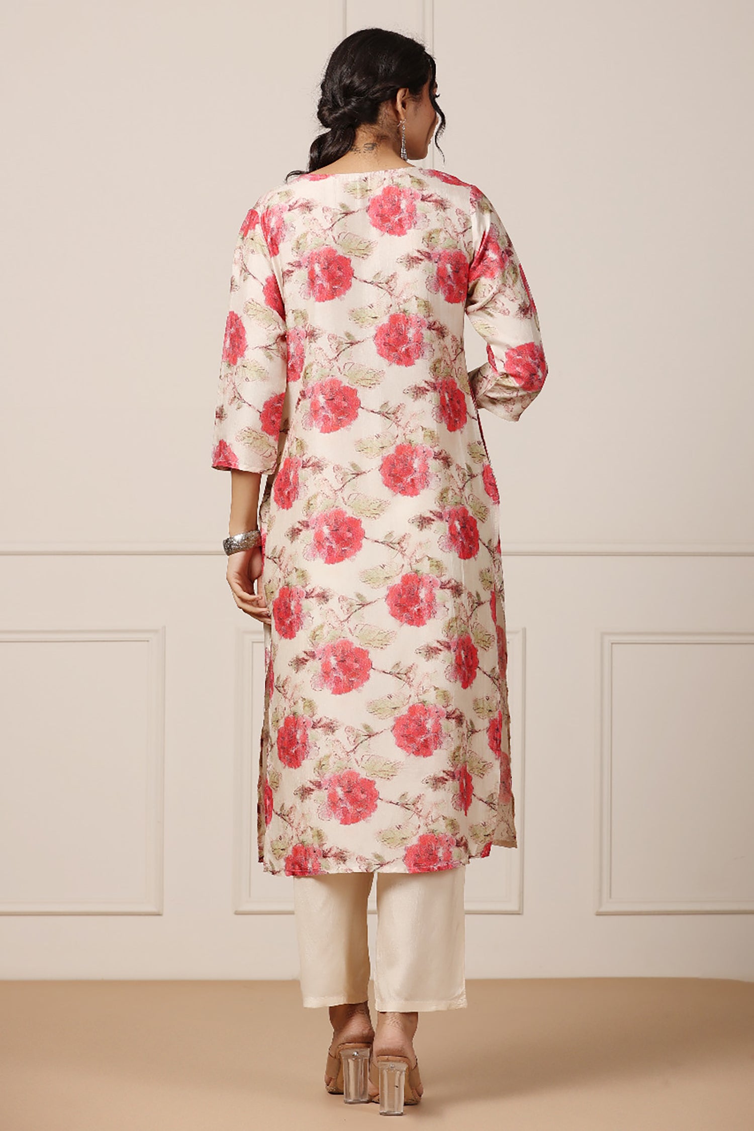 Peach Floral Print Muslin Silk Pant Set