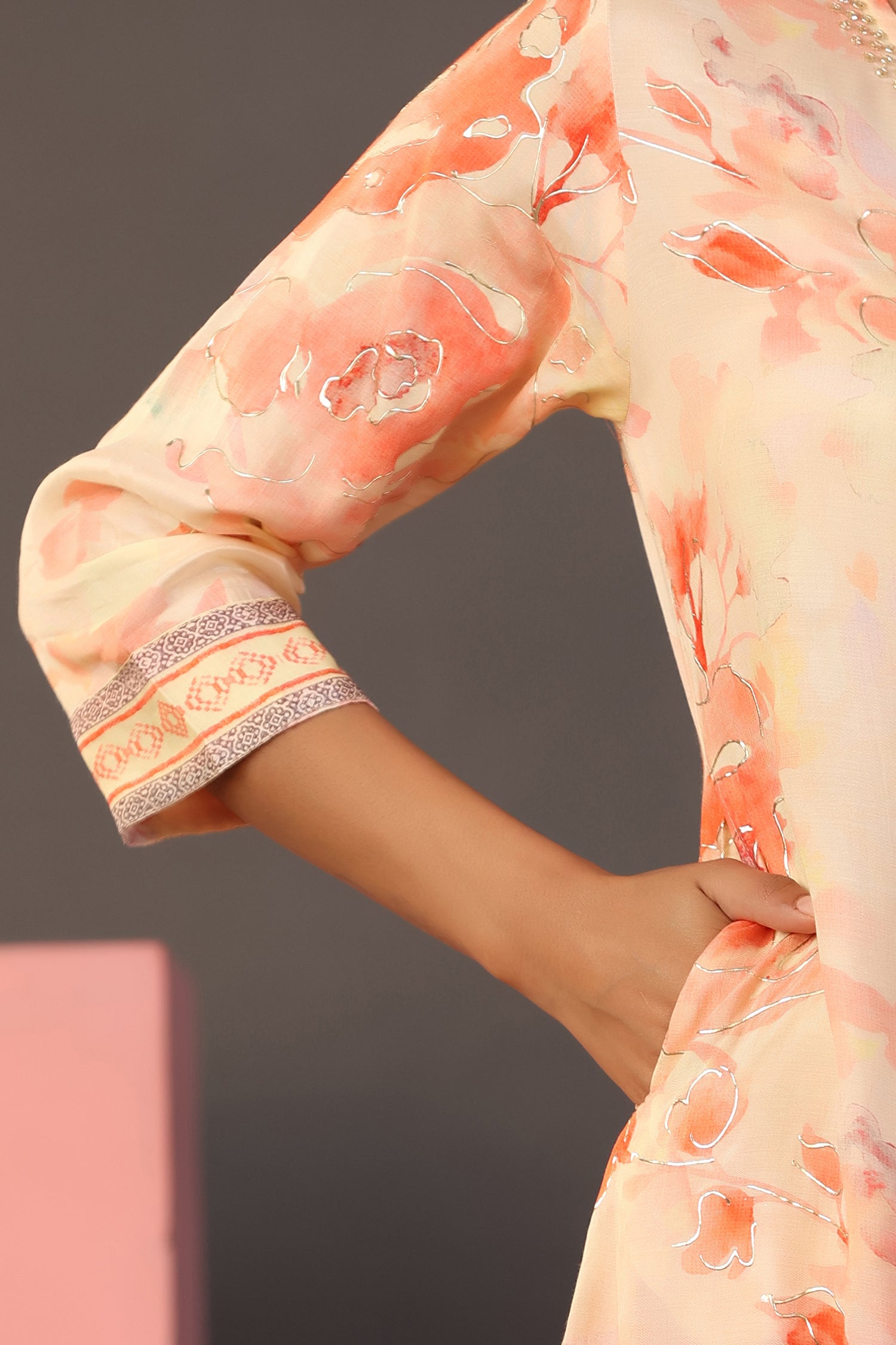 Peach Floral Print Muslin Silk Pant Set