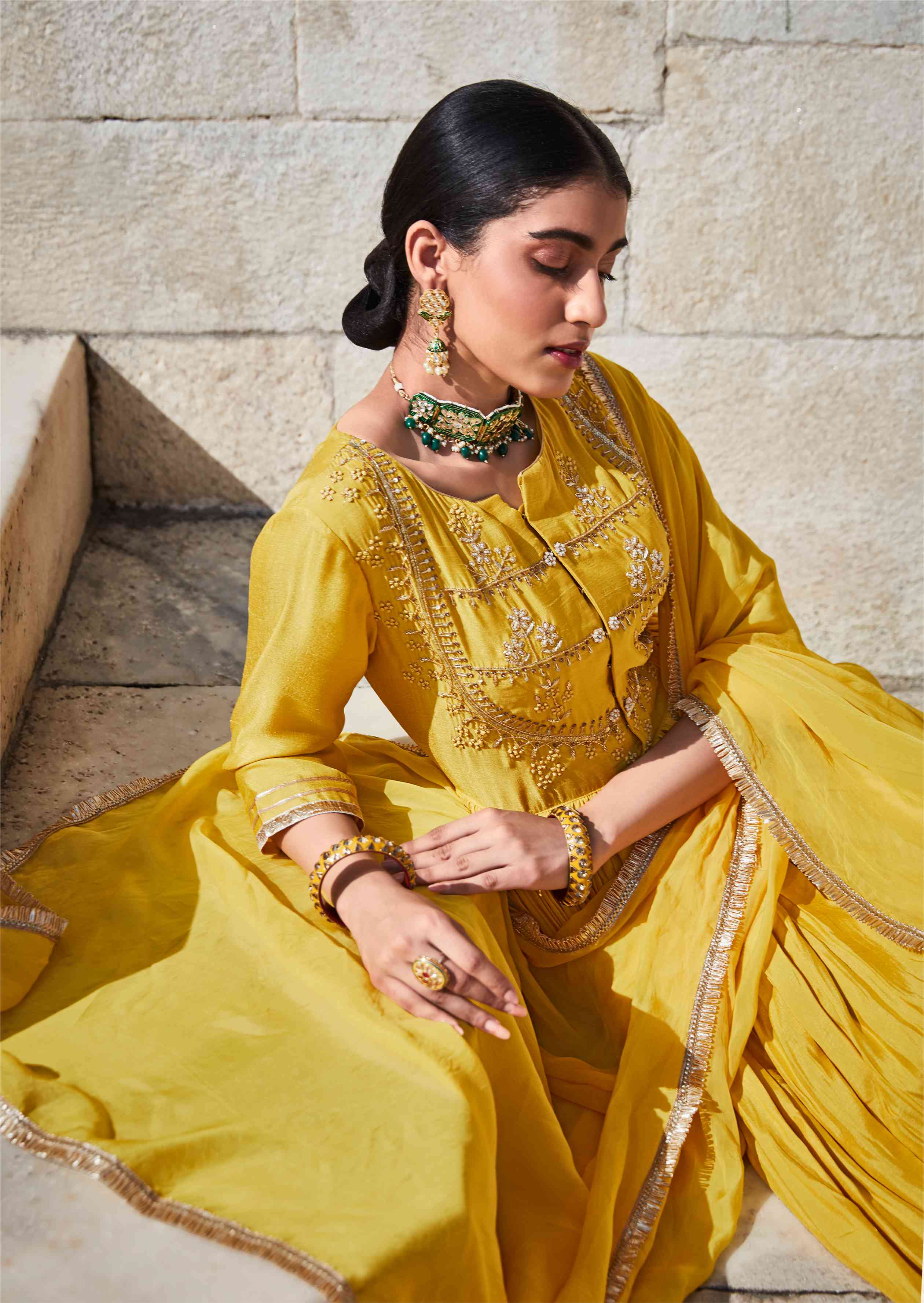 Yellow Chanderi Anarkali Set With Dupatta