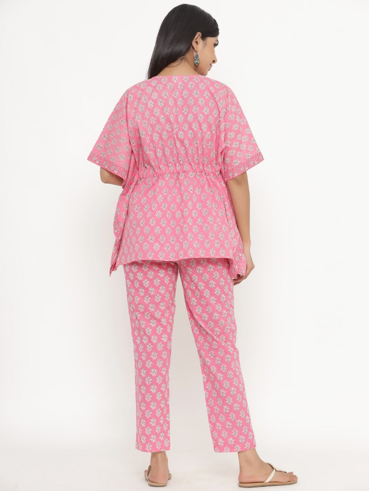 Pink Printed Kaftan Night suit - Daabu Jaipur