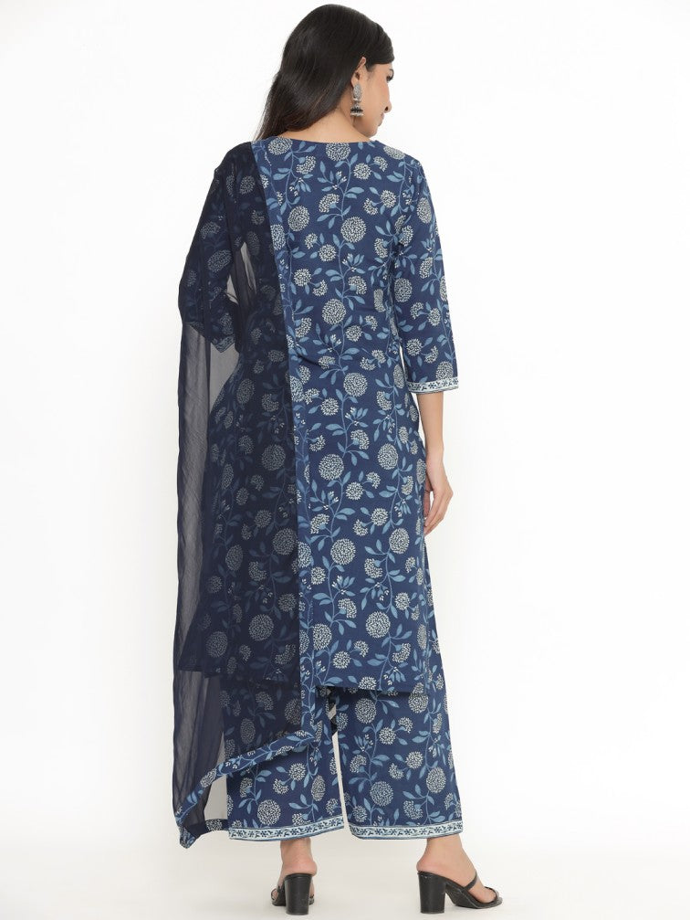 Navy Blue Floral Printed Pure Cotton Kurta With Trousers & Dupatta - Daabu Jaipur