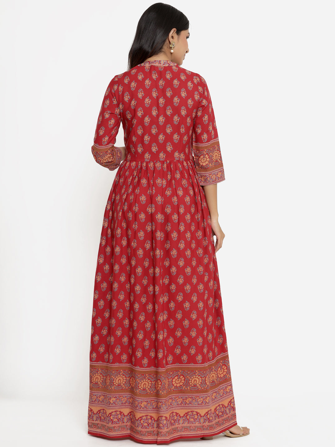 Red Printed Floral Print Viscose Rayon Anarkali