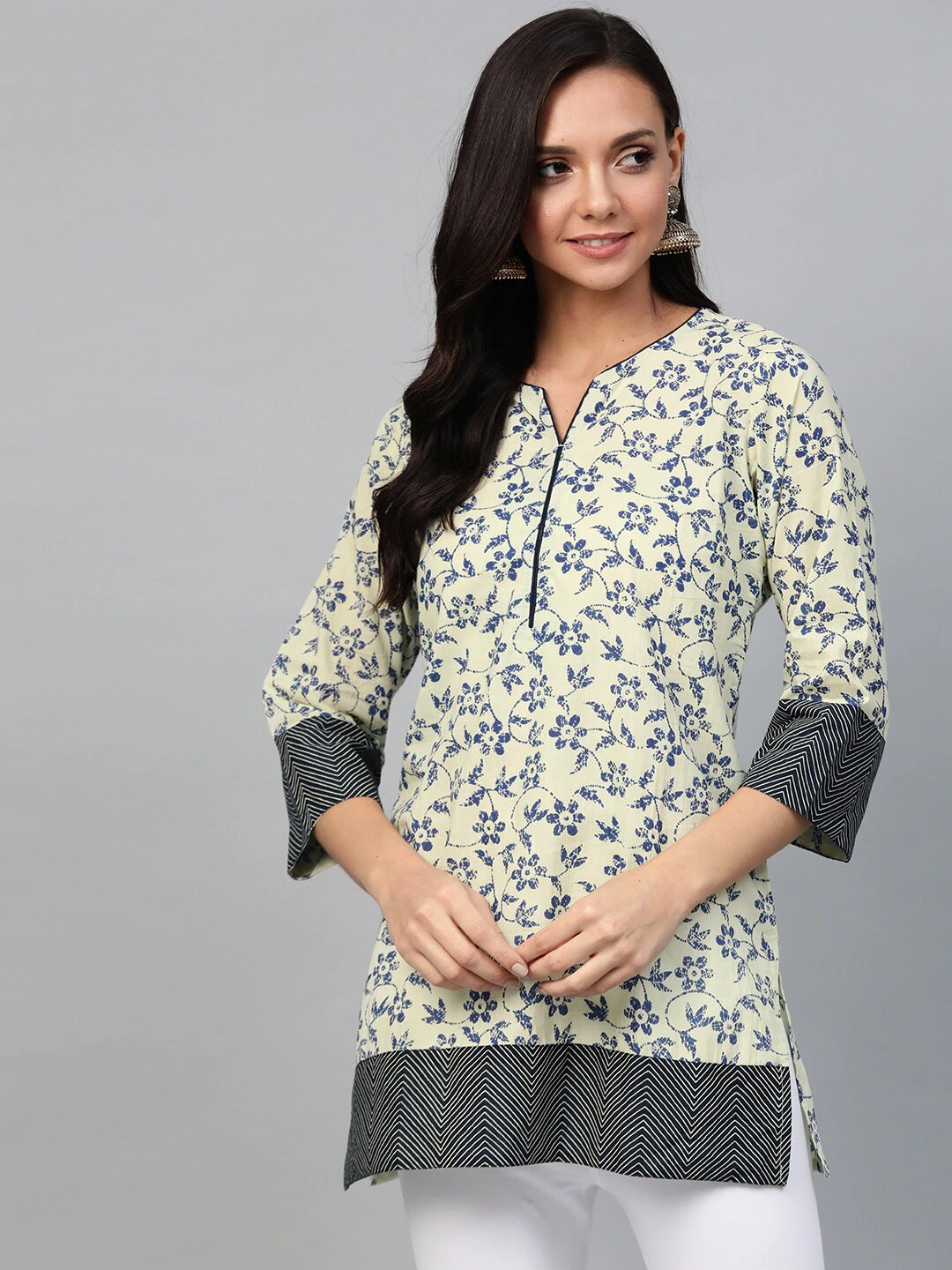 Beige & Black Floral Printed Cotton Tunic