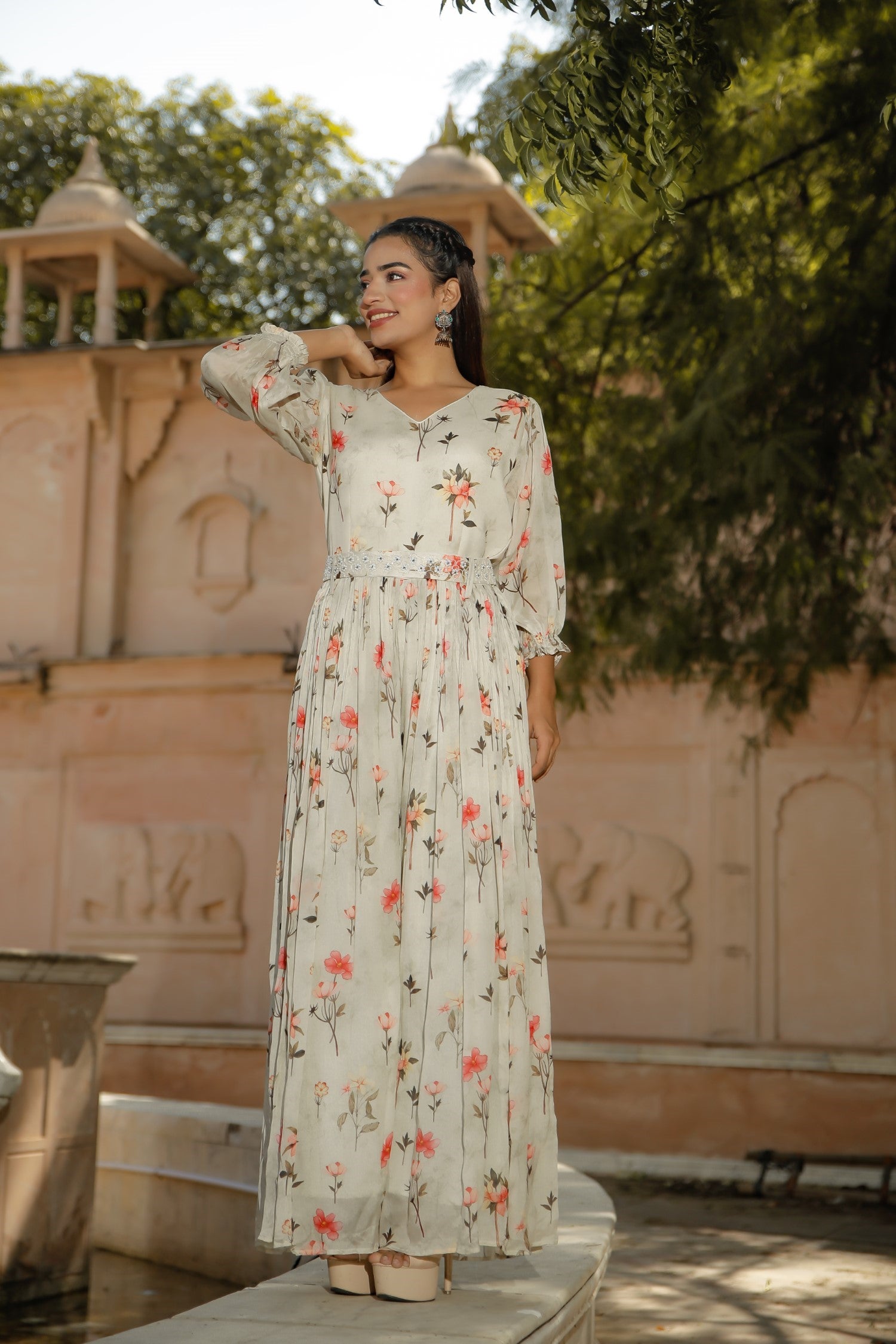 Beige Georgette Printed Jumpsuit