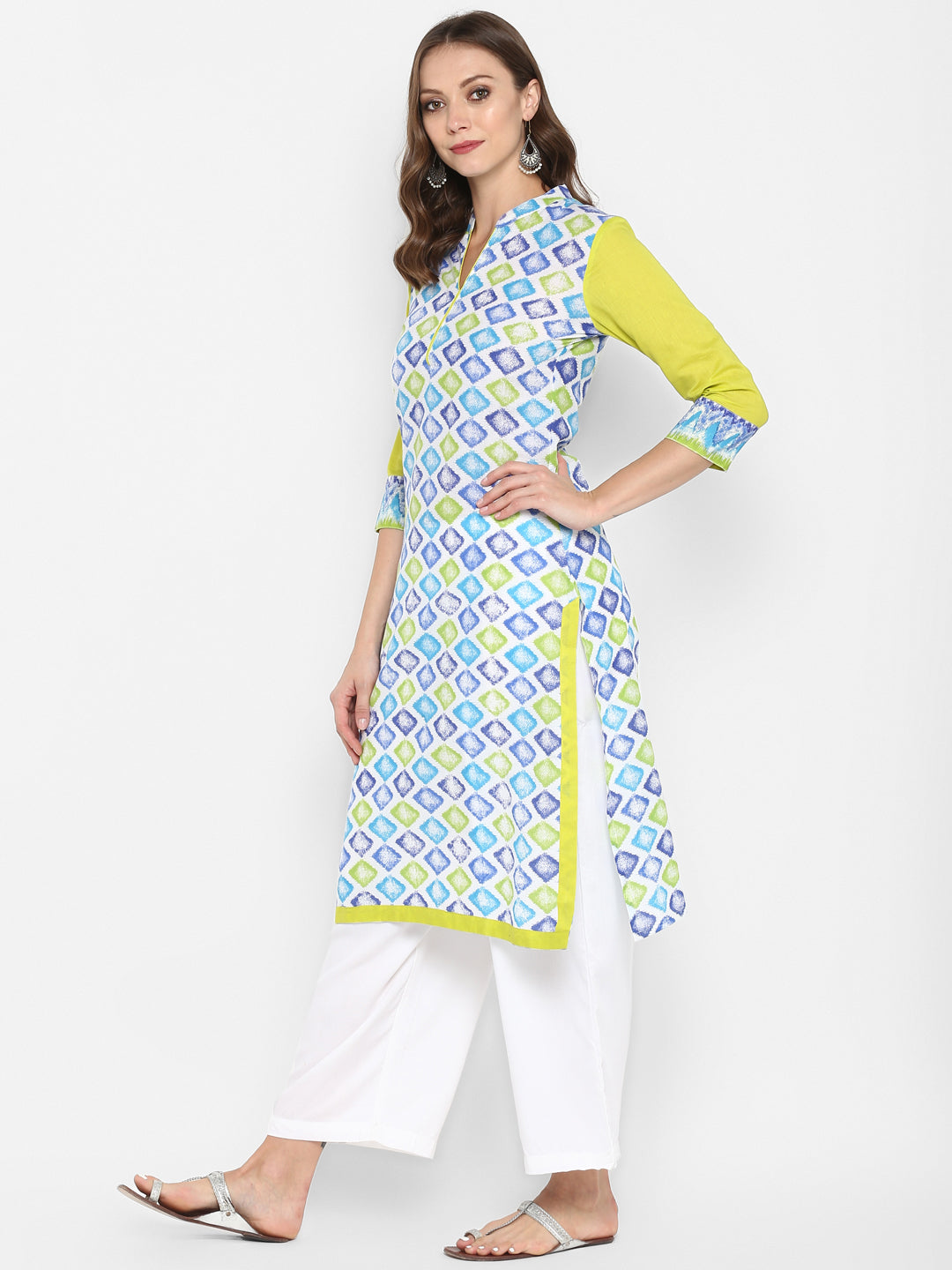 Green Geometric Printed Cotton Kurta