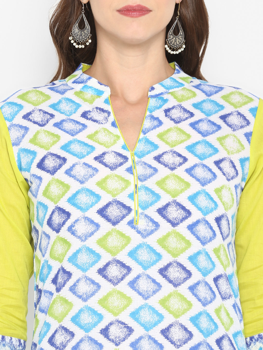 Green Geometric Printed Cotton Kurta