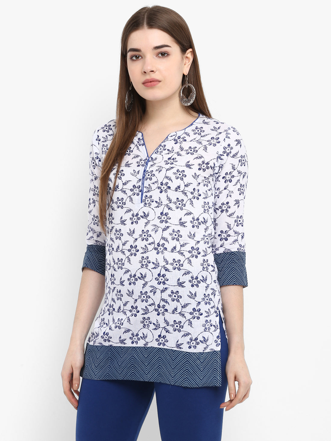 White & Blue Floral Printed Cotton Tunic