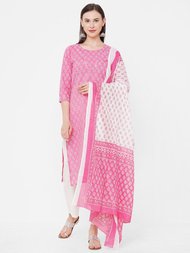 Pink Ethnic Motifs Printed Pure Cotton Kurta with Palazzos & Dupatta - Daabu Jaipur