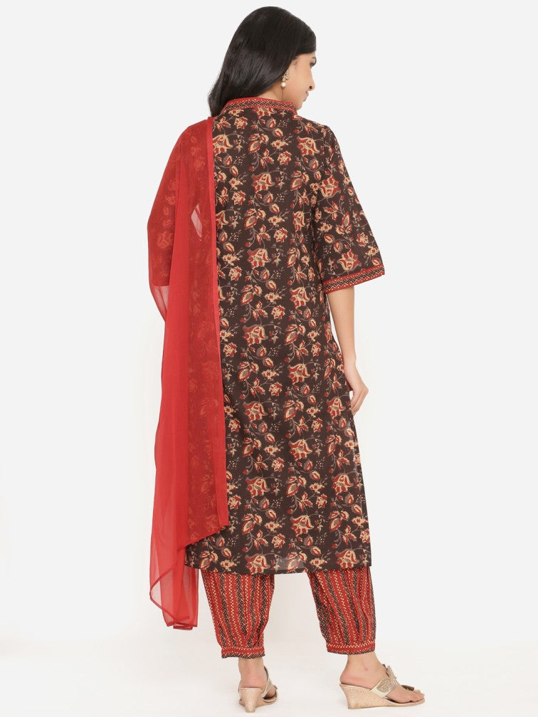 Woman Brown Pure Cotton Kurta with Salwar & With Dupatta - Daabu Jaipur