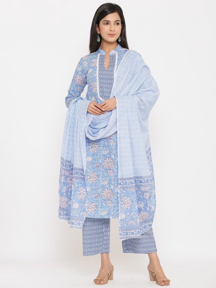 Blue Floral Printed Pure Cotton Kurta With Trousers & Dupatta - Daabu Jaipur