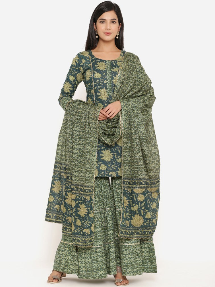 Green Pure Cotton Kurta with Sharara & With Dupatta - Daabu Jaipur