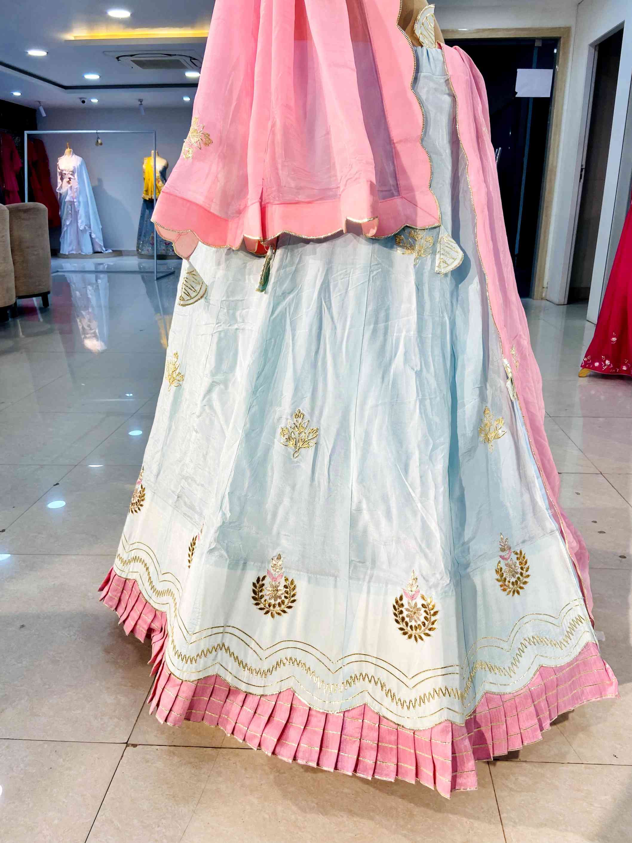 Sky Blue Silk Lehenga - Daabu Jaipur