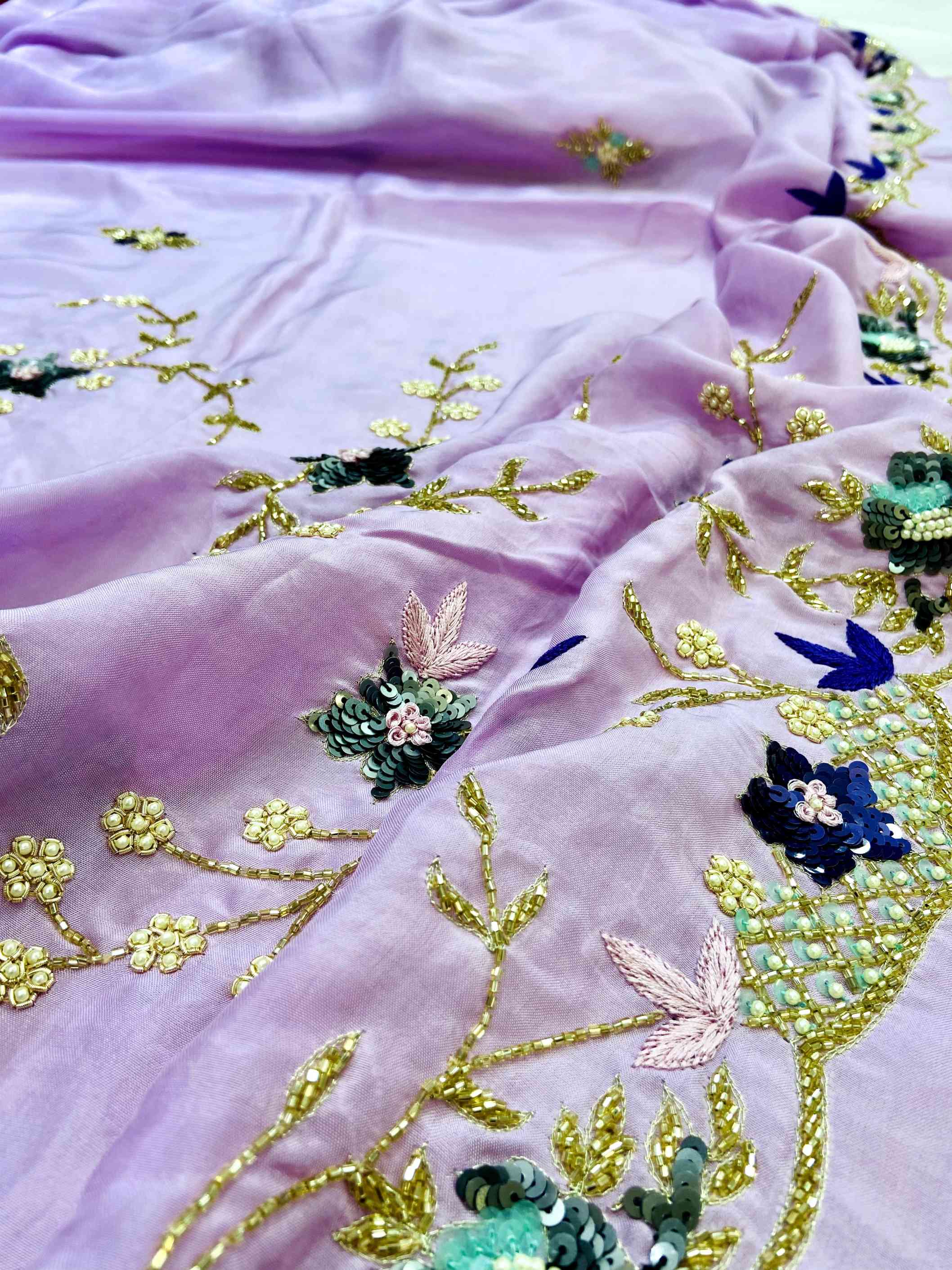 Fushcia Pink Silk Hand Embroidered Saree