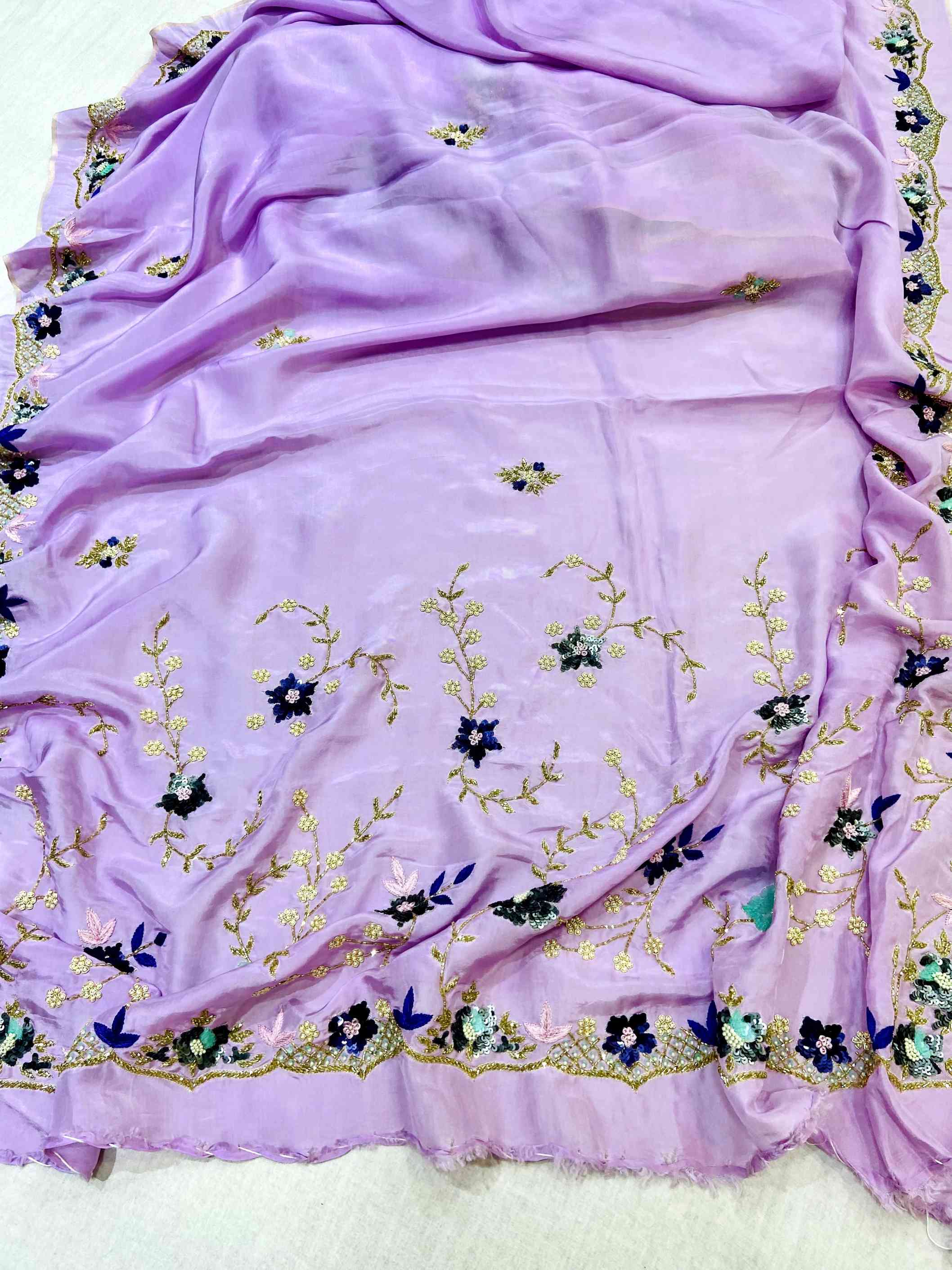 Fushcia Pink Silk Hand Embroidered Saree
