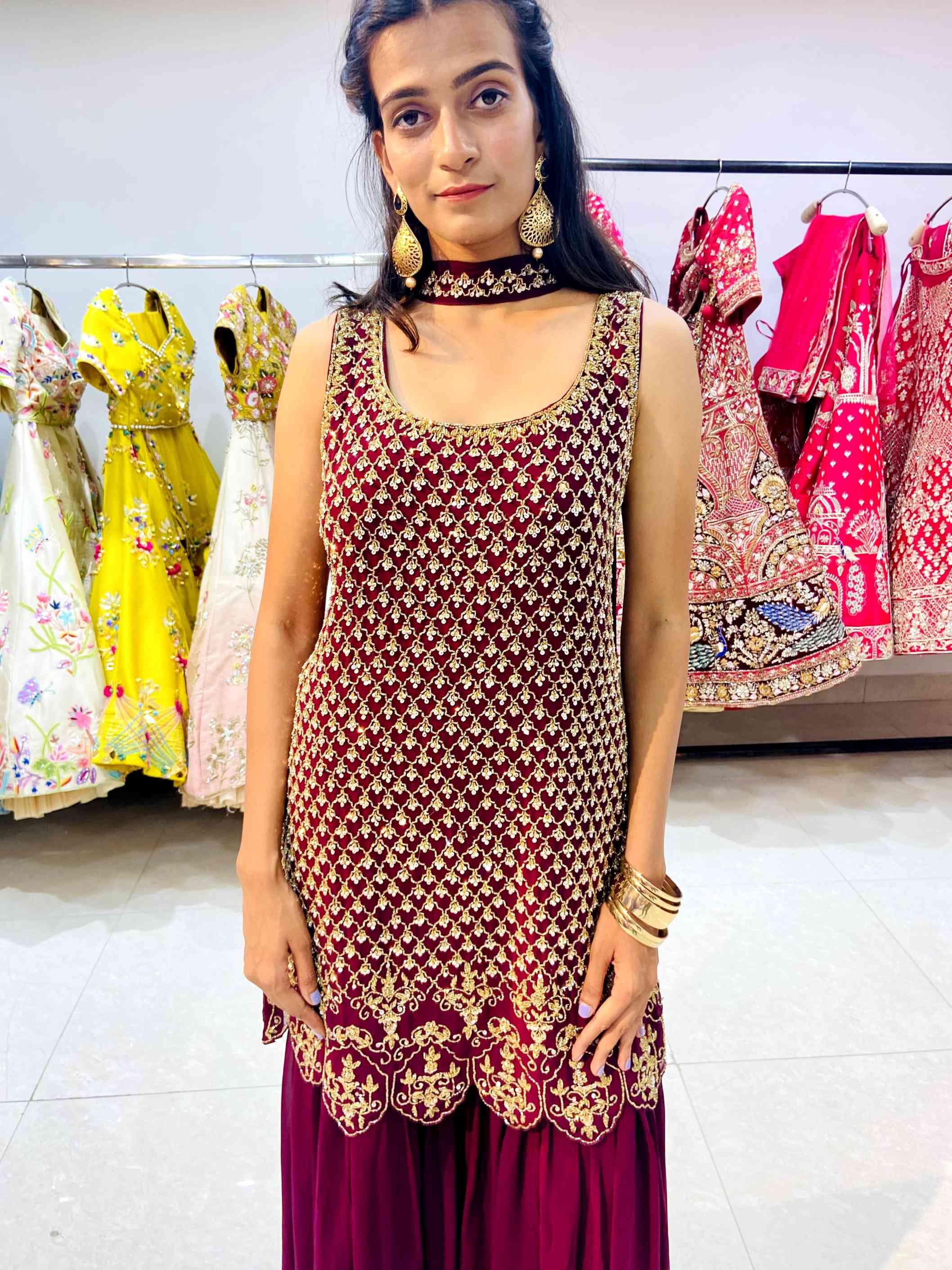Maroon Designer Georgette Sharara - Daabu Jaipur