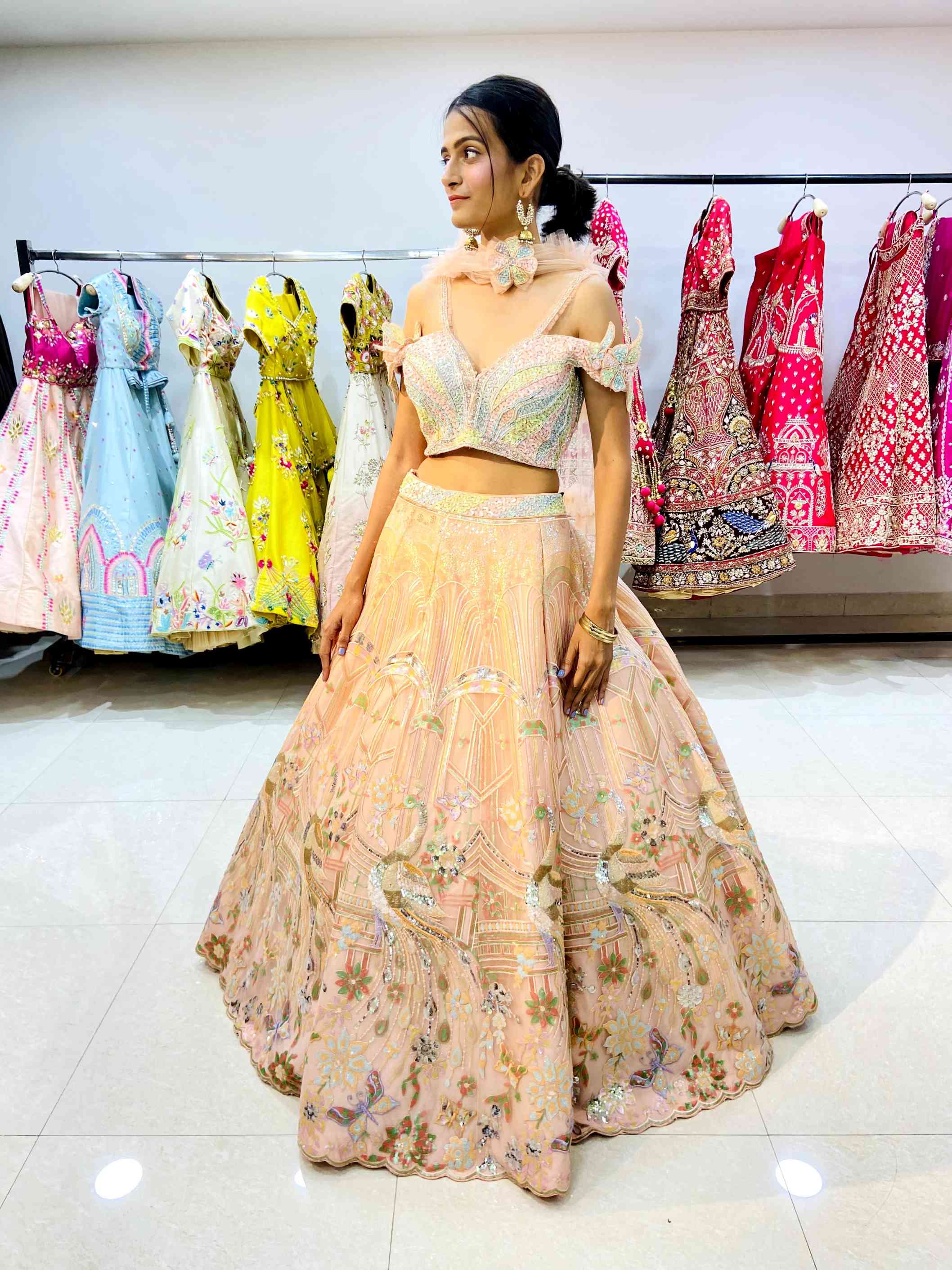 Baby Pink Net Sequinned Designer Lehenga - Daabu Jaipur