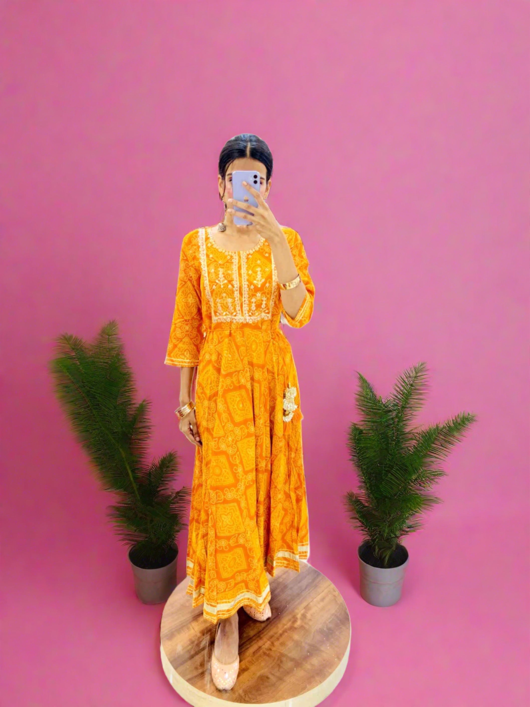 Mustard Bandhej Gown Set - Daabu Jaipur