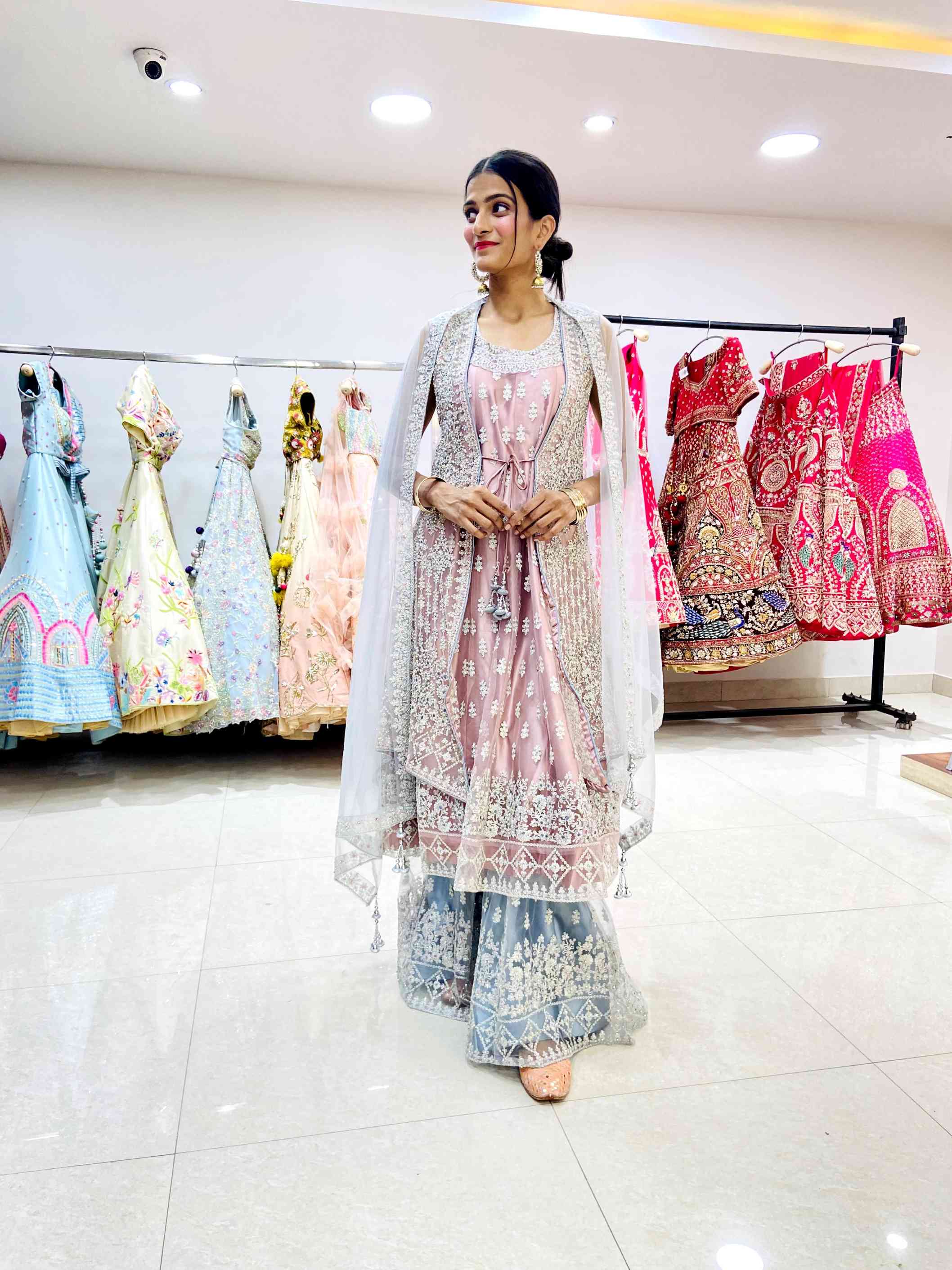 Salmon Pink Net Designer Sharara Set - Daabu Jaipur