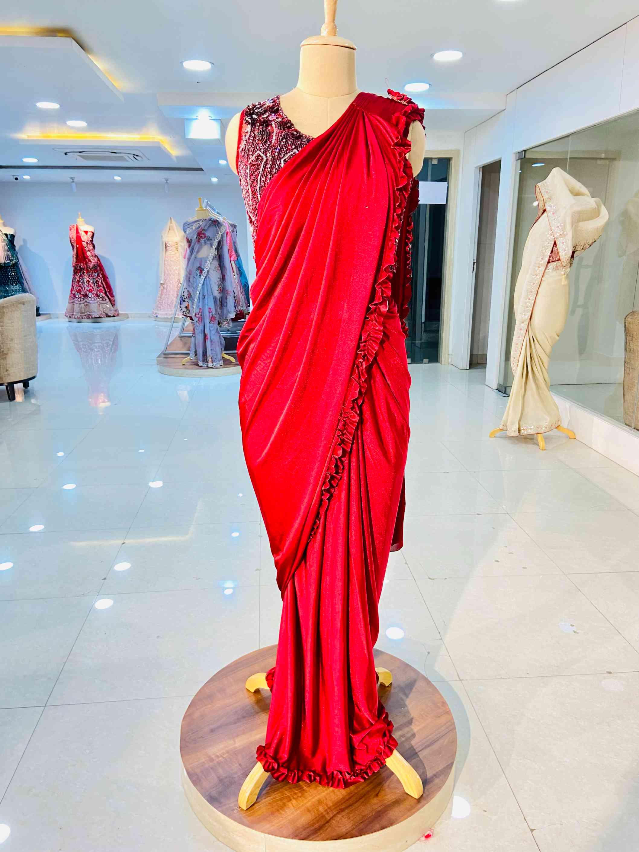 Red Pre Draped Saree With Blouse - Daabu Jaipur
