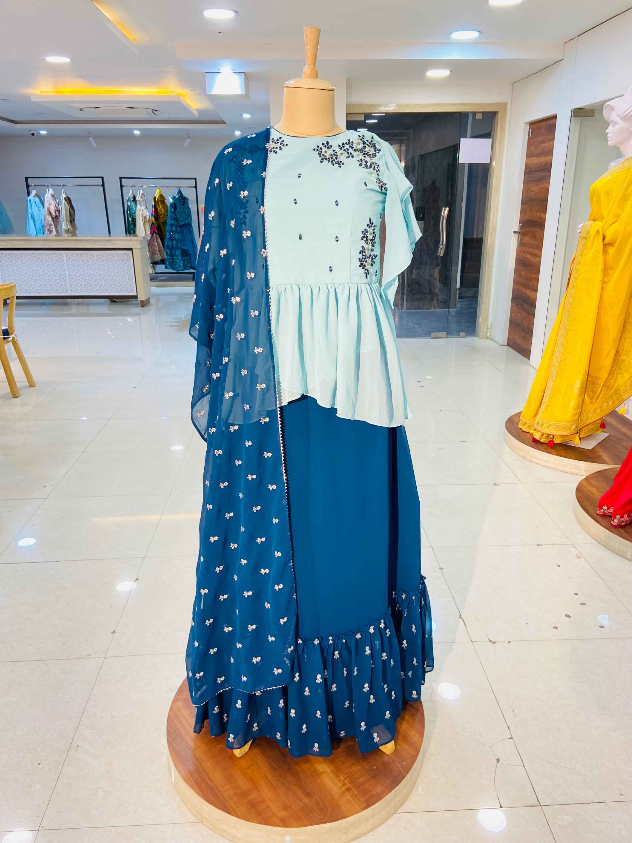 Light Blue Georgette Peplum Top With Skirt Set - Daabu Jaipur