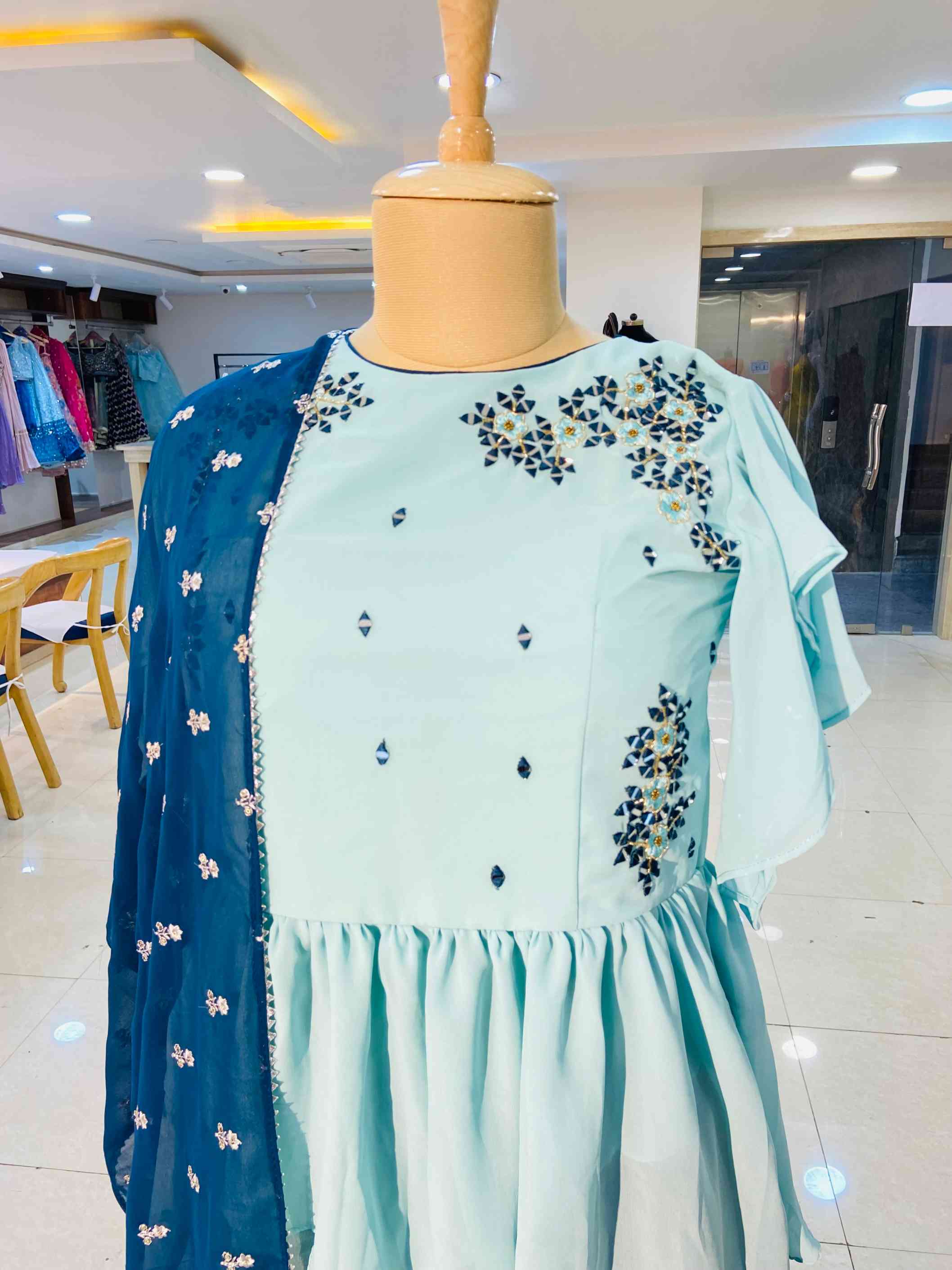 Light Blue Georgette Peplum Top With Skirt Set - Daabu Jaipur