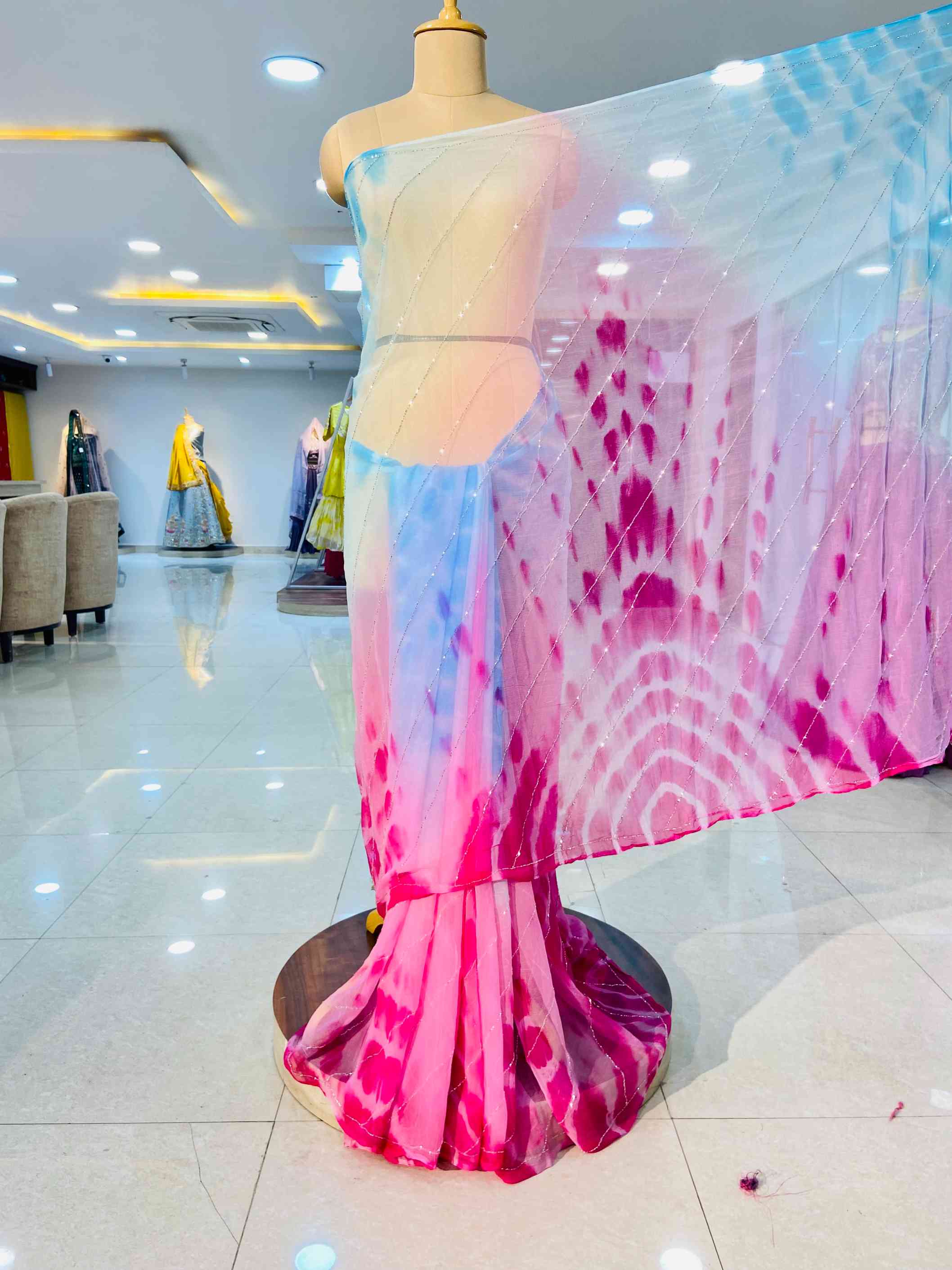 Pink Tie And Dye Chiffon Saree - Daabu Jaipur