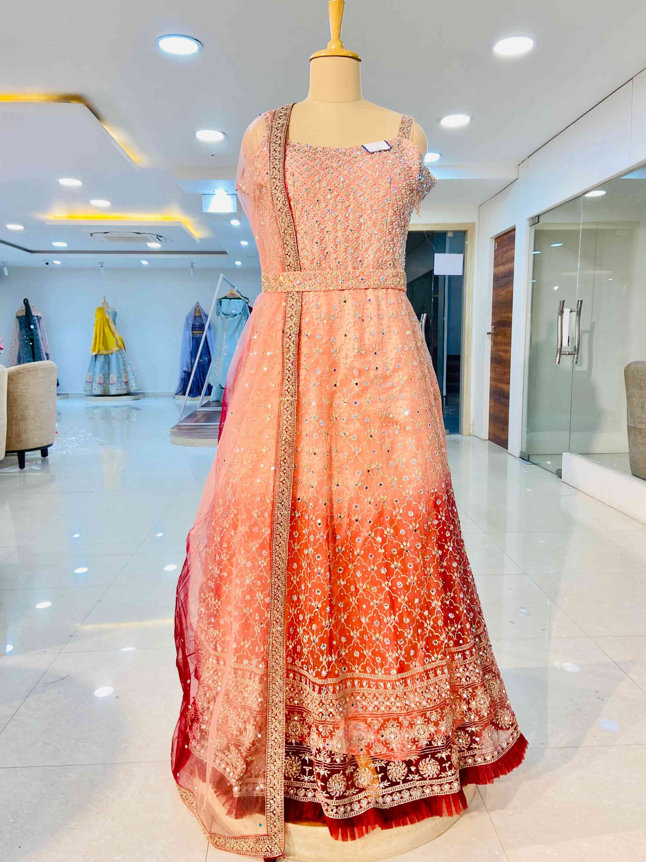 Shaded Pink Salmon Pink Gown - Daabu Jaipur