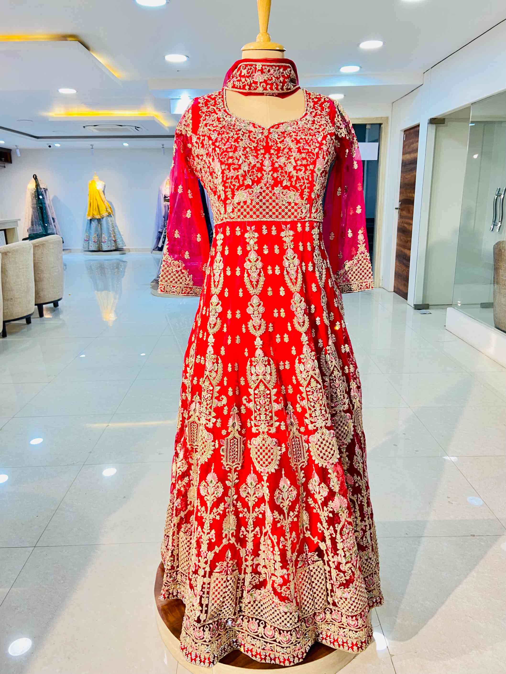 Dark Red Net Designer Gown - Daabu Jaipur