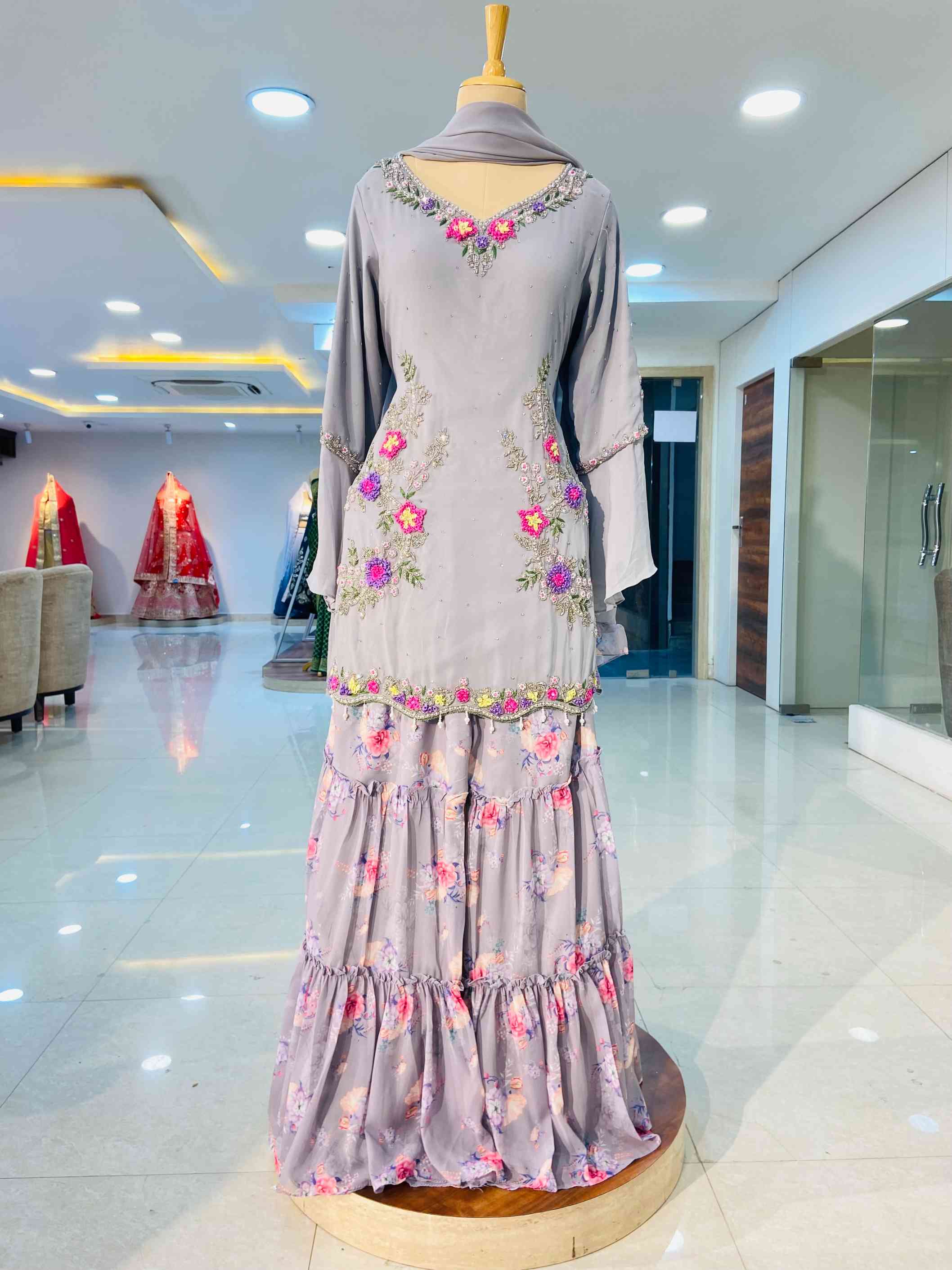 Grey Designer Georgette Sharara Set - Daabu Jaipur