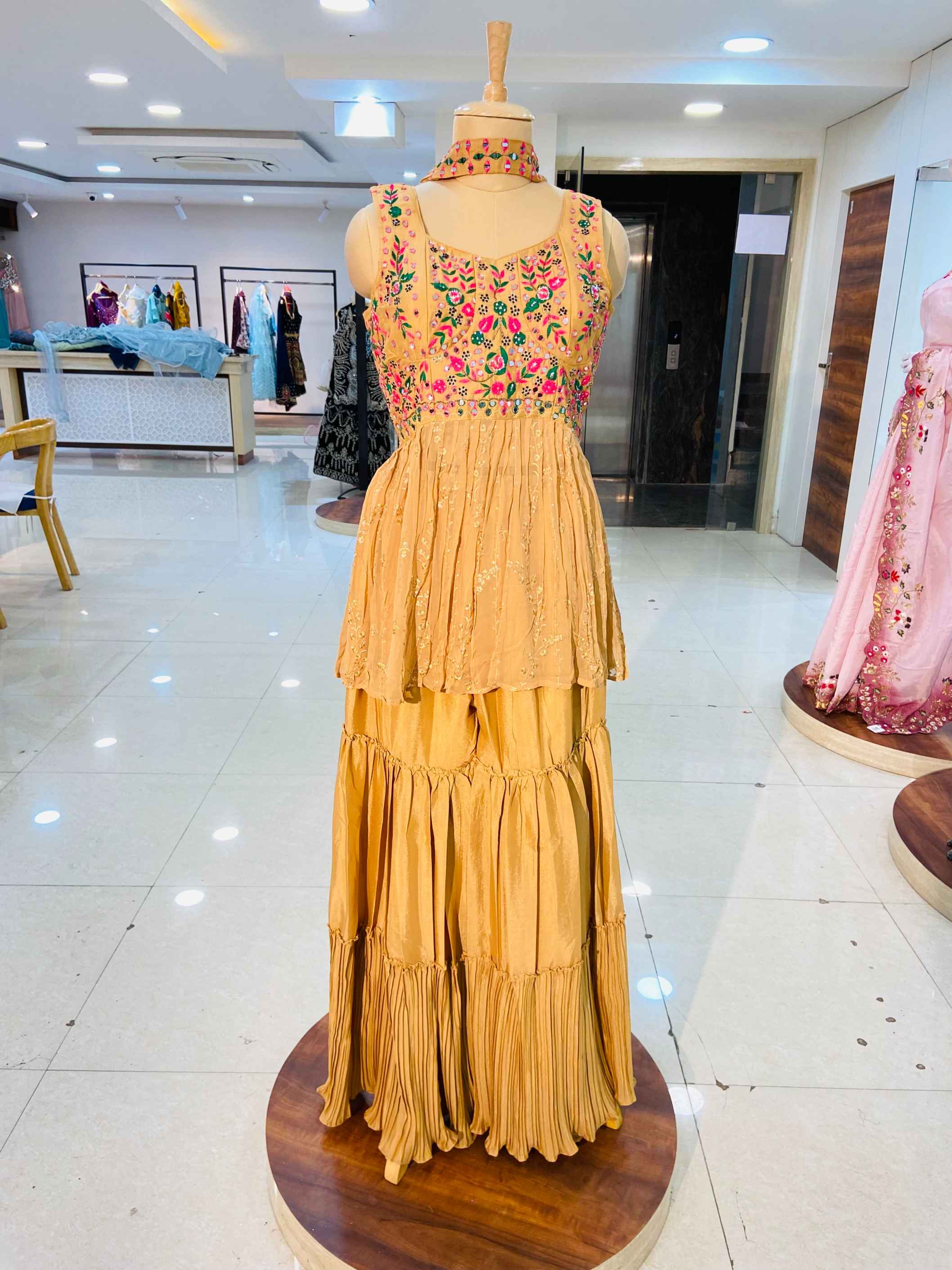 Sand Beige Georgette Sharara Suit Set - Daabu Jaipur