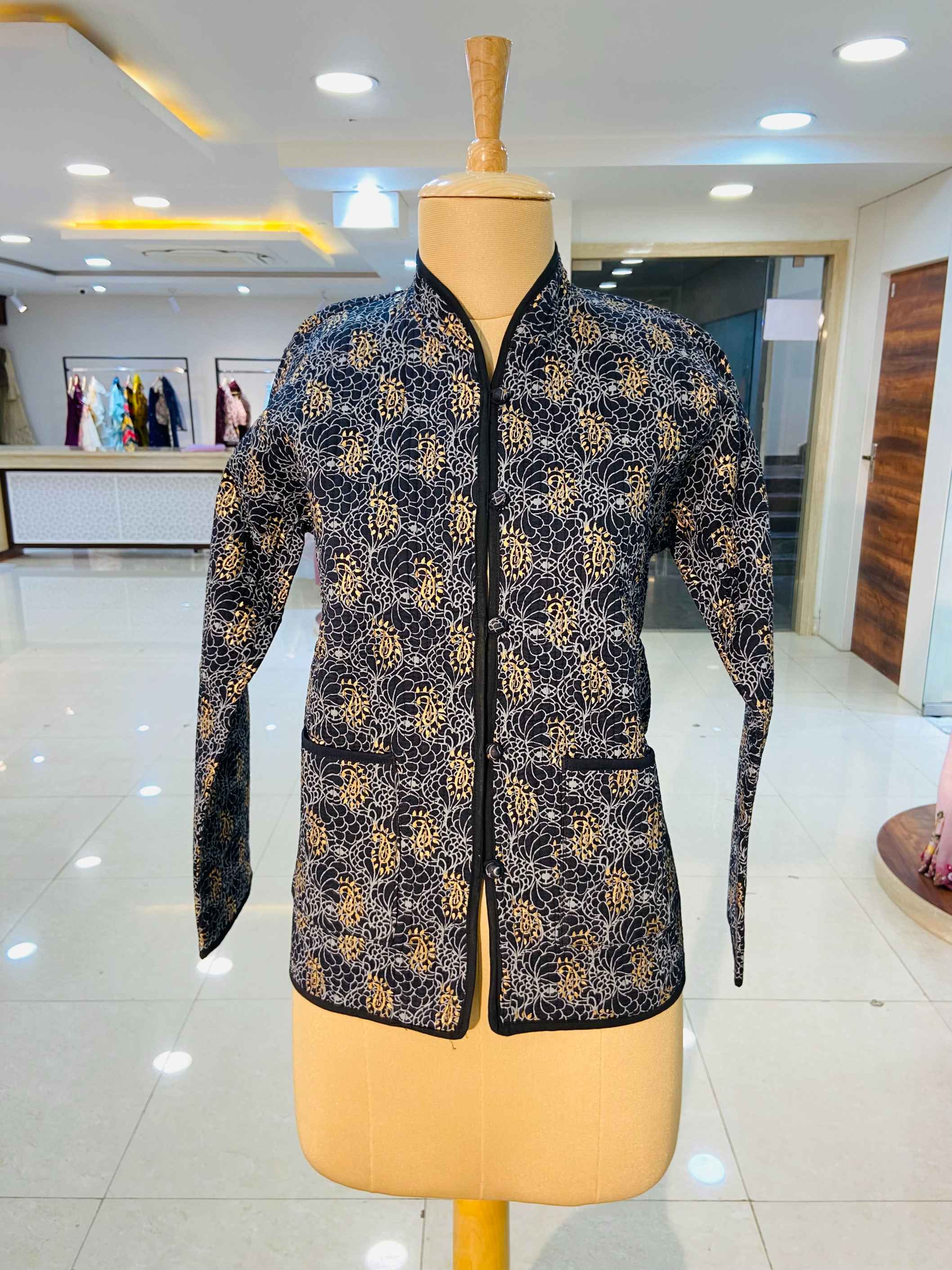 Black Block Printed 100% Cotton Quilted Jacket - Daabu Jaipur