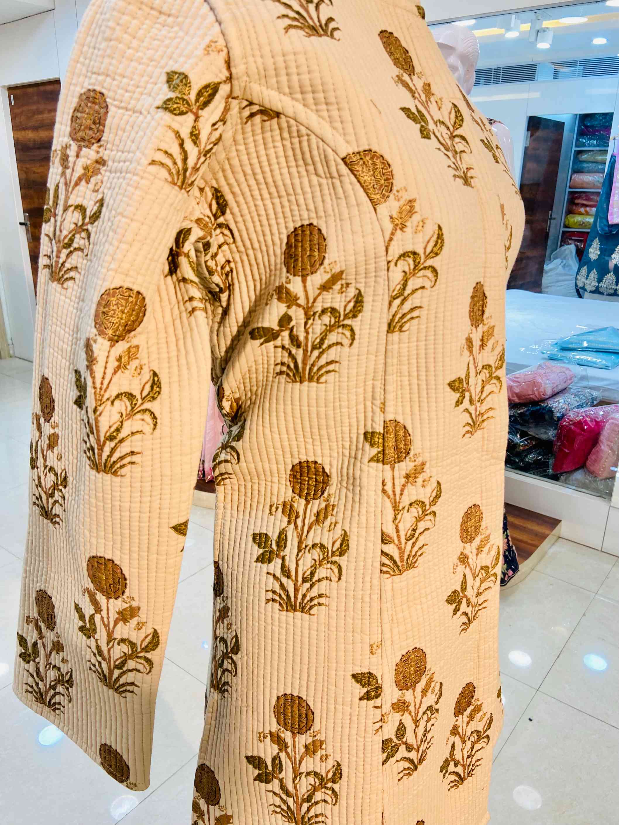 Beige Block Printed Long 100% Cotton Quilted Jacket - Daabu Jaipur