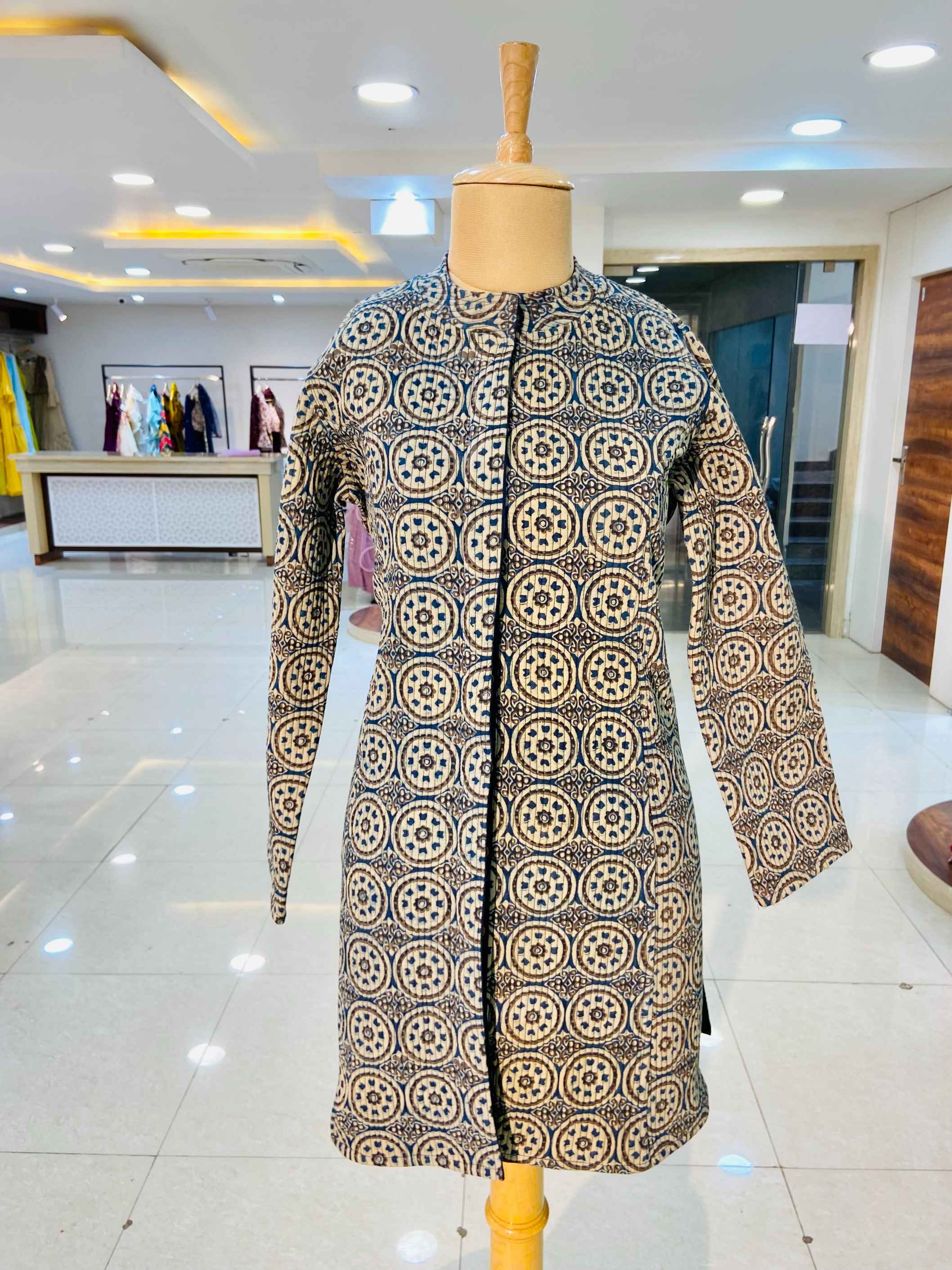 Brown Block Printed Long 100% Cotton Quilted Jacket - Daabu Jaipur