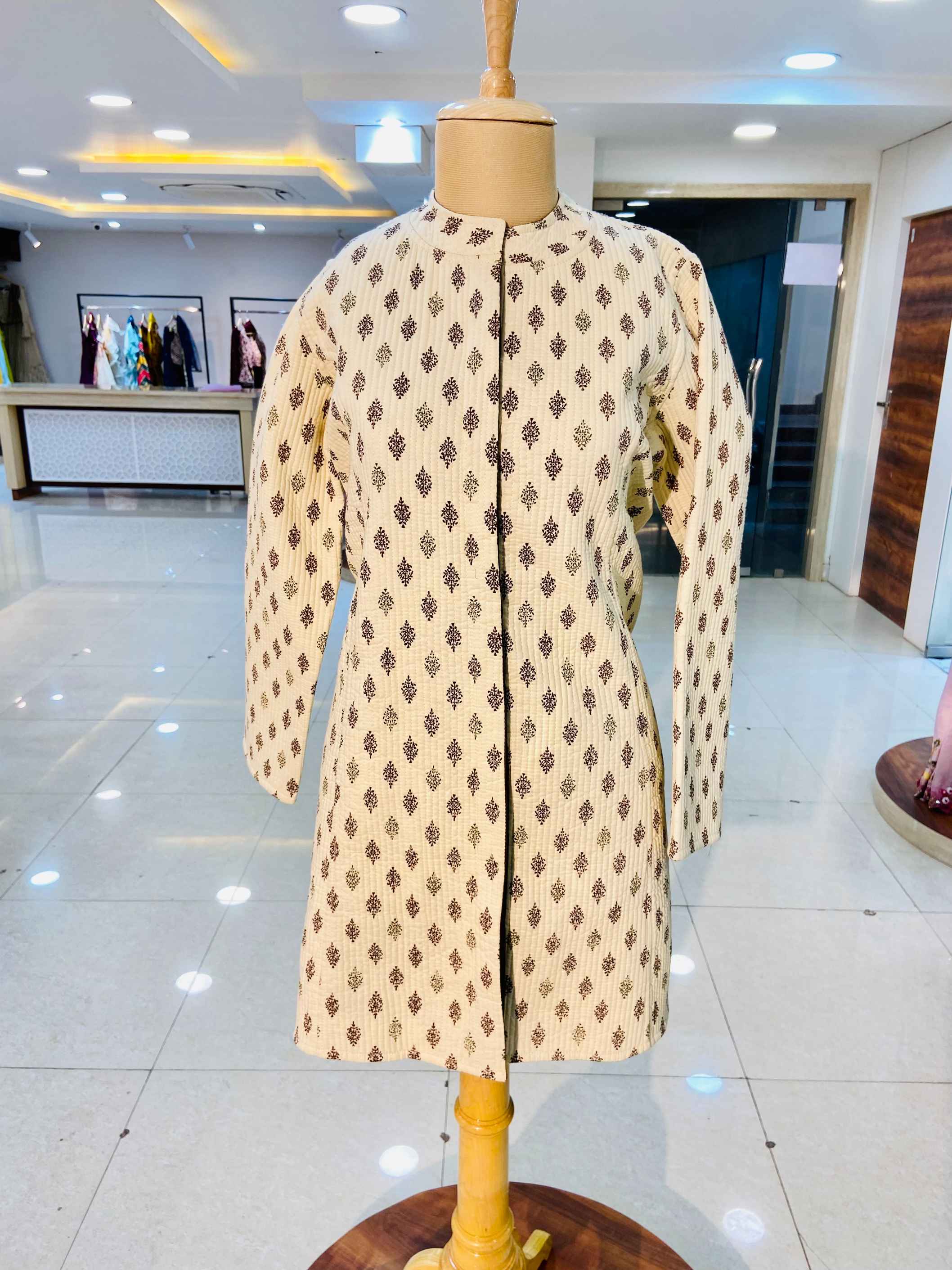 Cream Printed Long 100% Cotton Quilted Jacket - Daabu Jaipur