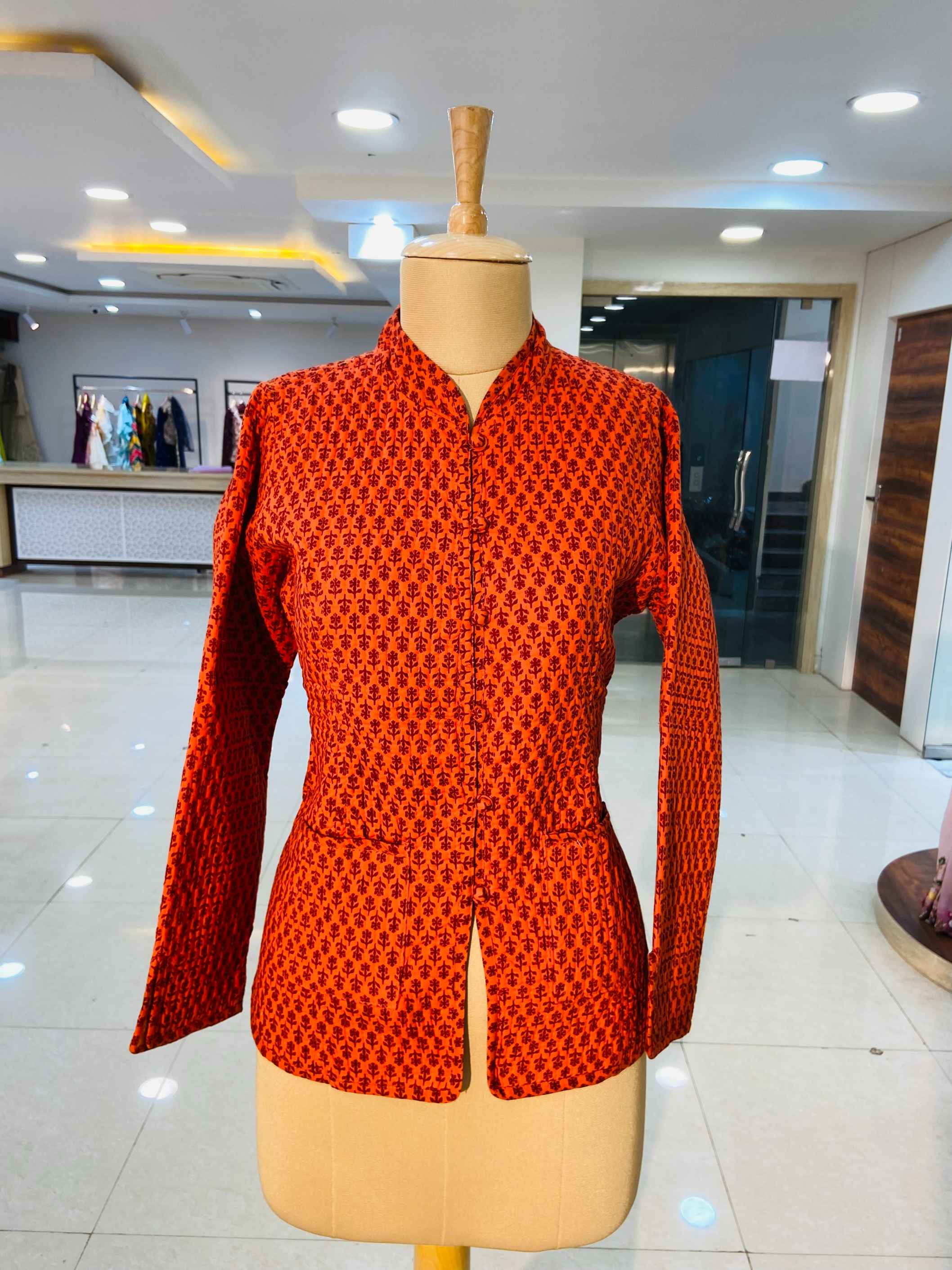 Orange Printed 100% Cotton Quilted Jacket - Daabu Jaipur