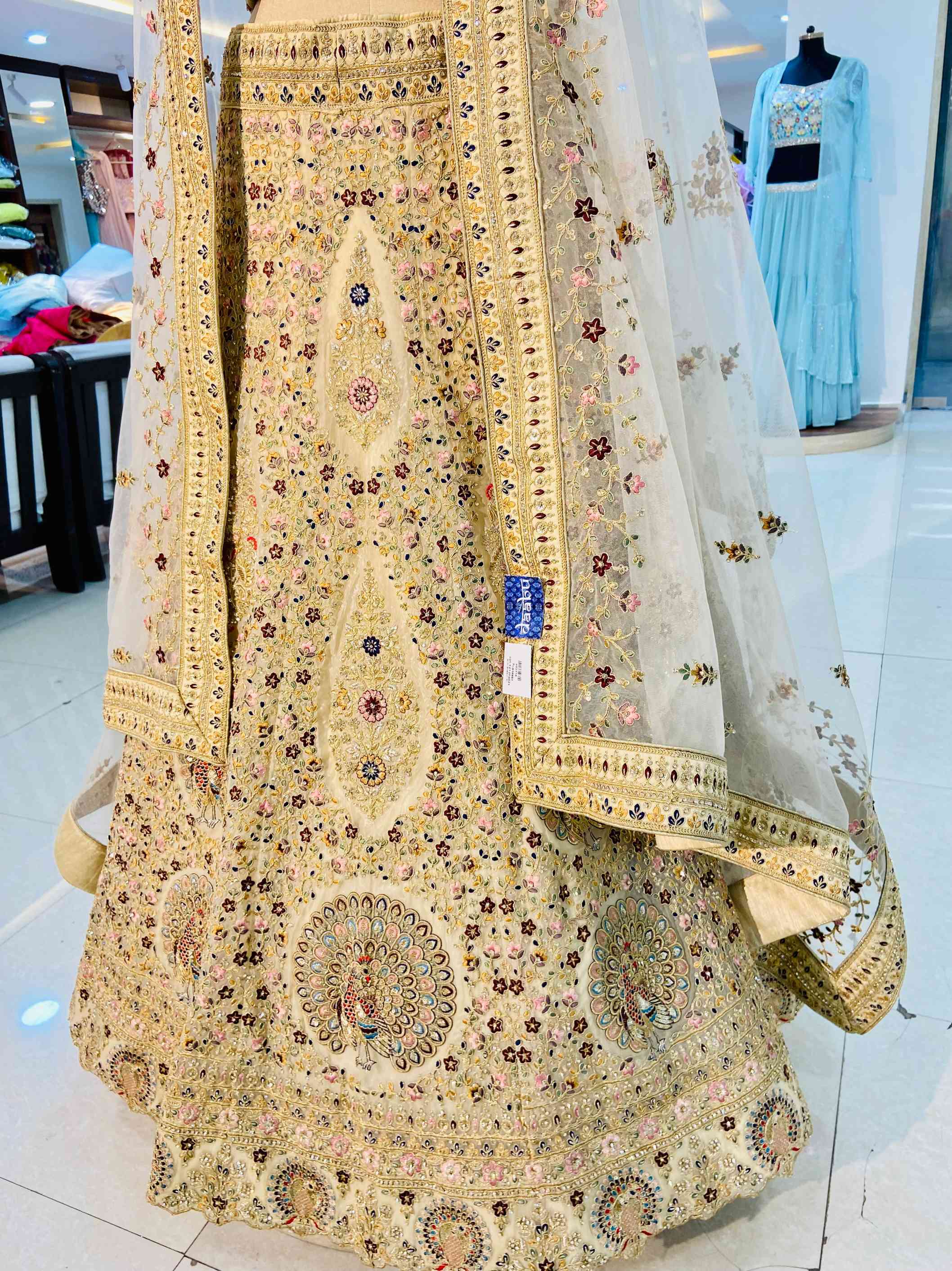 Beige Organza Heavy Designer Bridal Lehenga - Daabu Jaipur