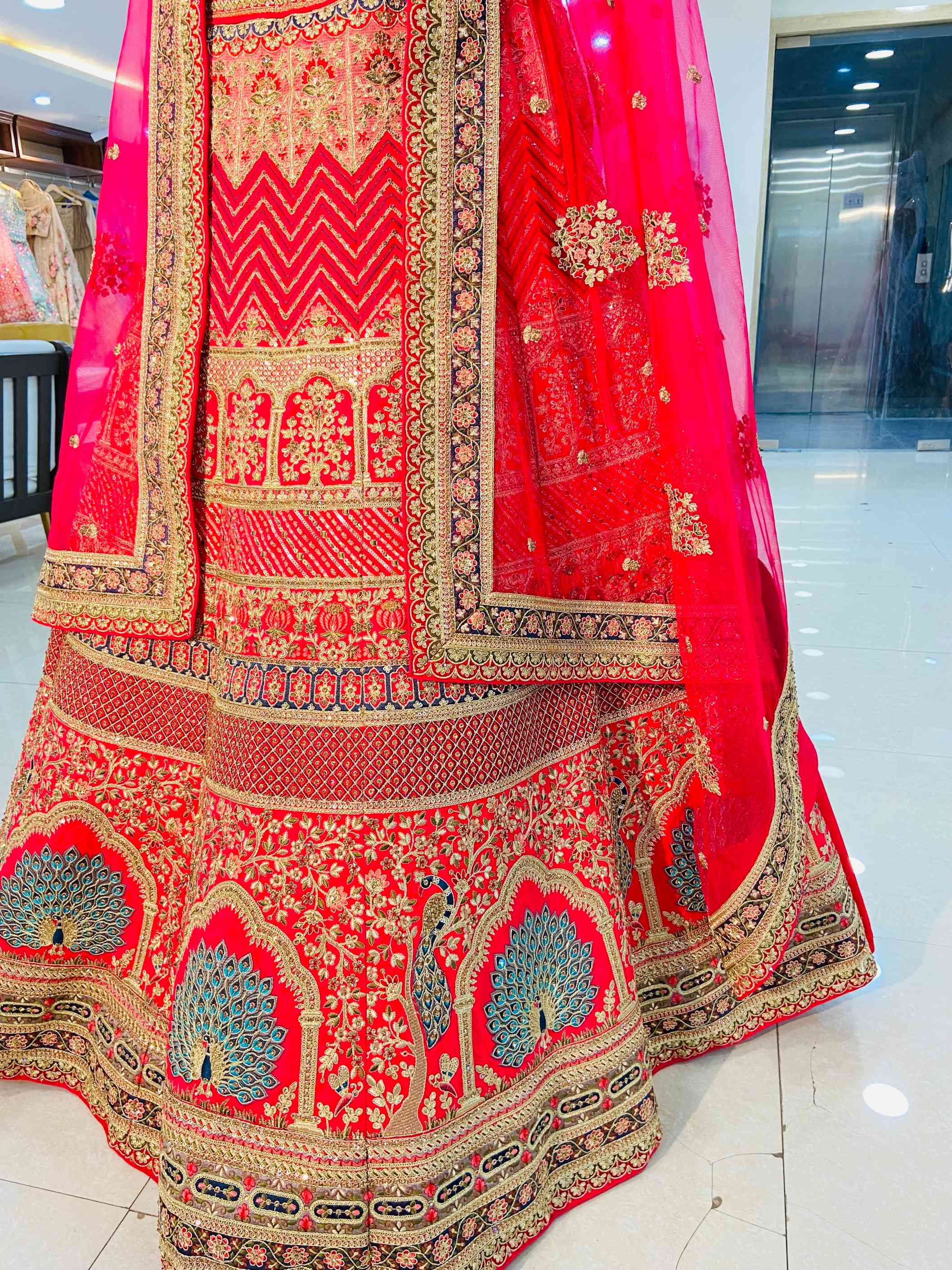 Red Raw Silk Designer Bridal Lehenga - Daabu Jaipur