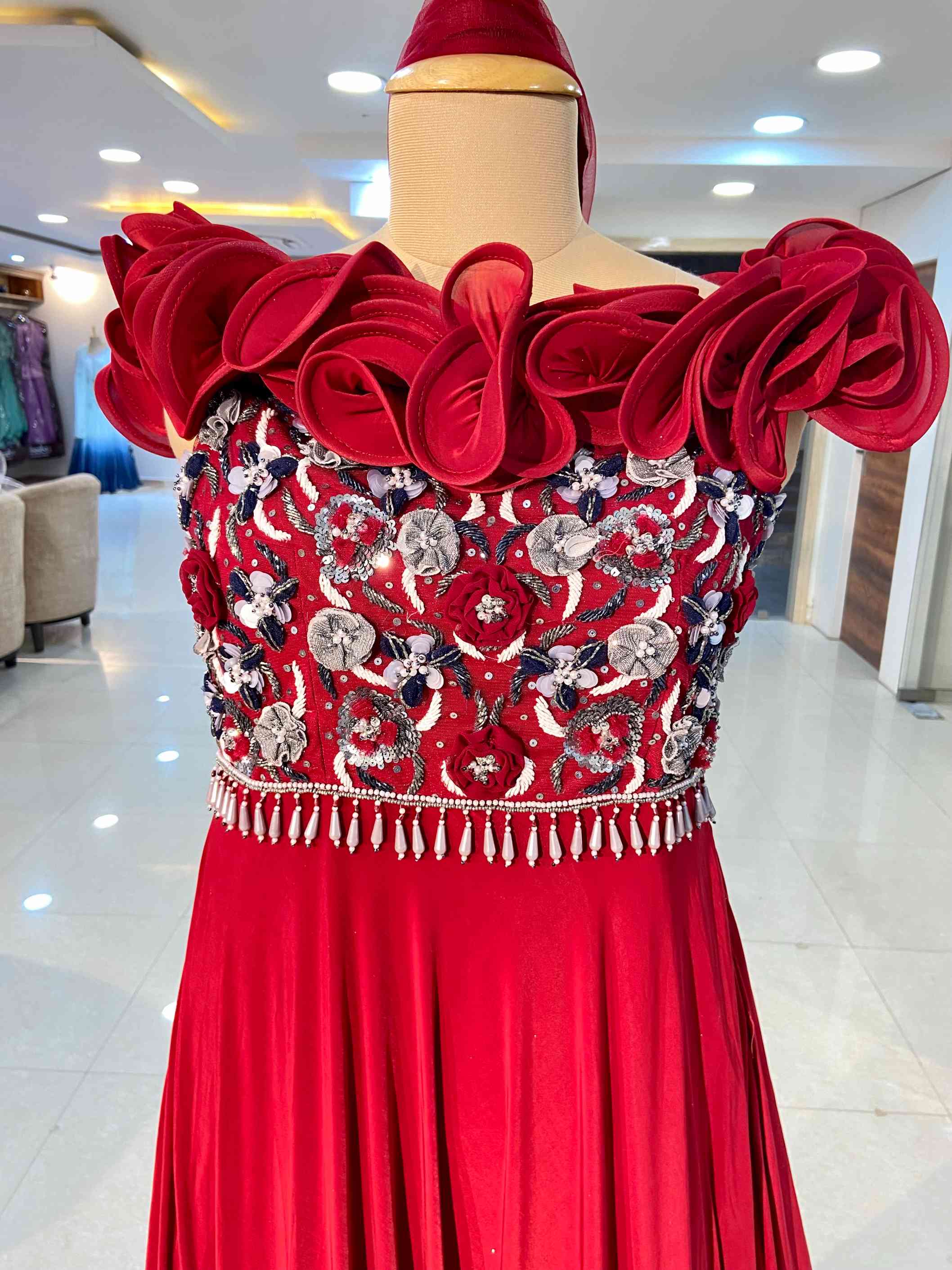 Dark Red Bamberg Silk Gown - Daabu Jaipur