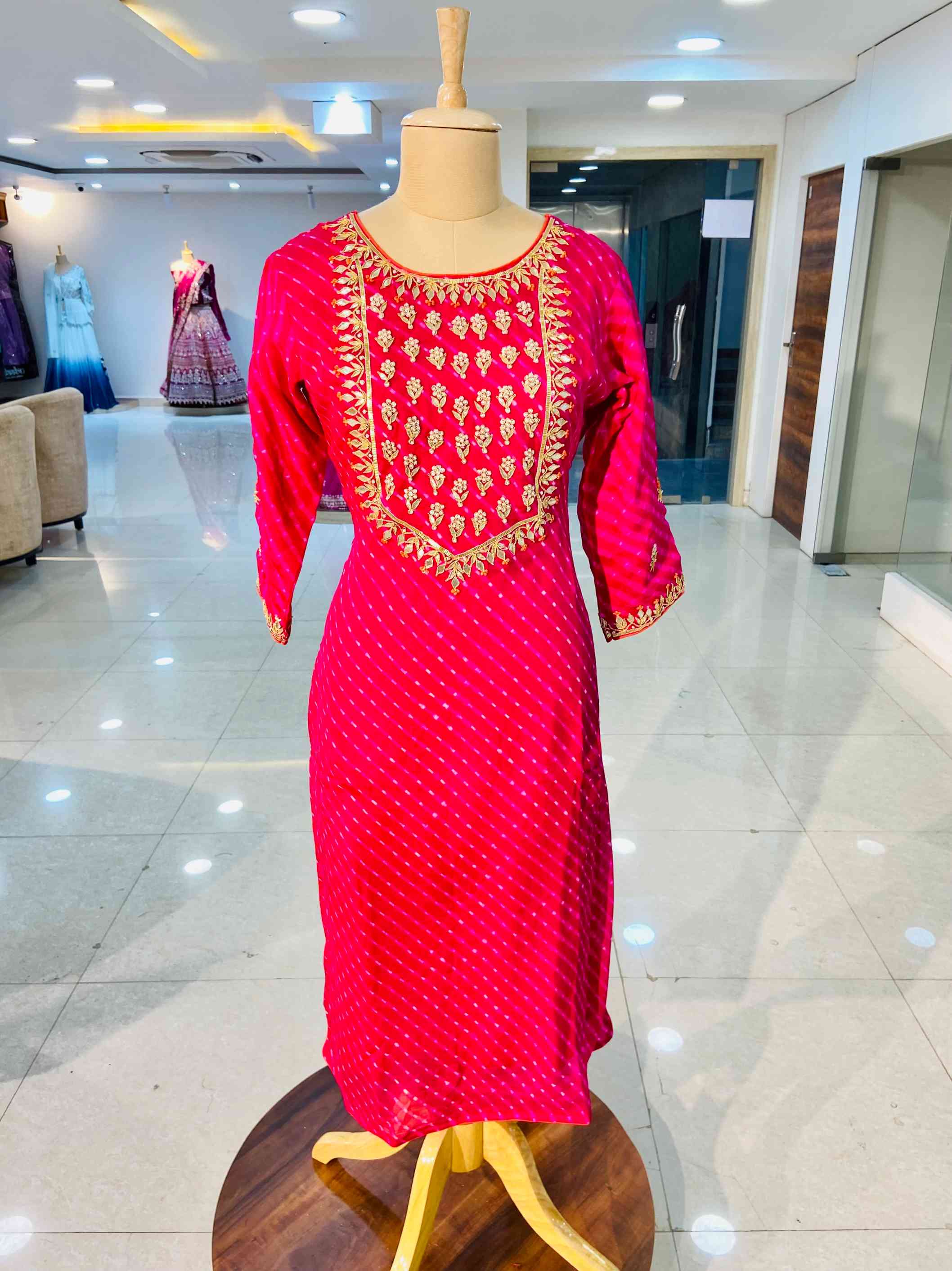 Pink Leheriya Pure Crepe Kurti - Daabu Jaipur