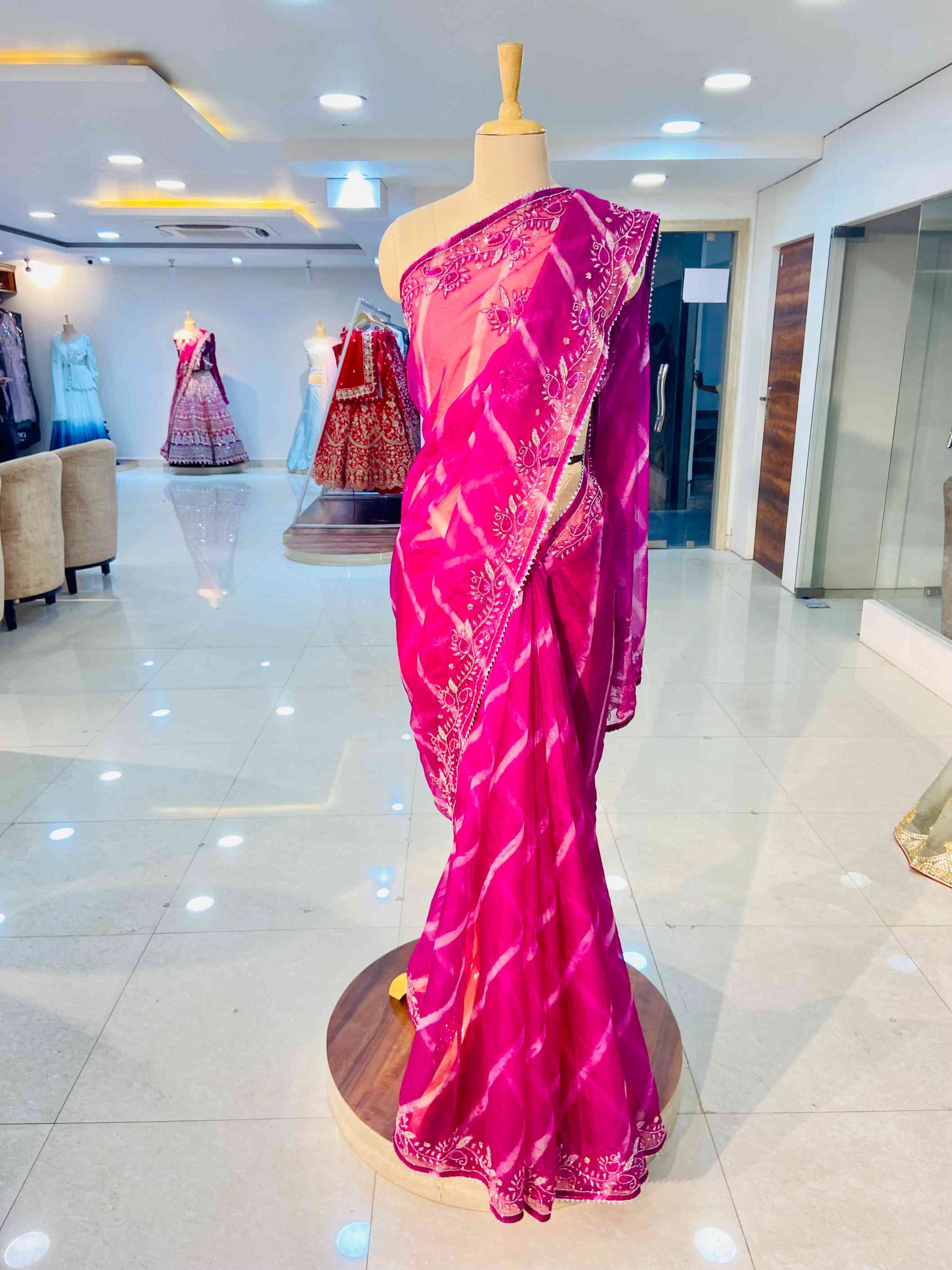 Barbie Pink Organza Leheriya Saree - Daabu Jaipur