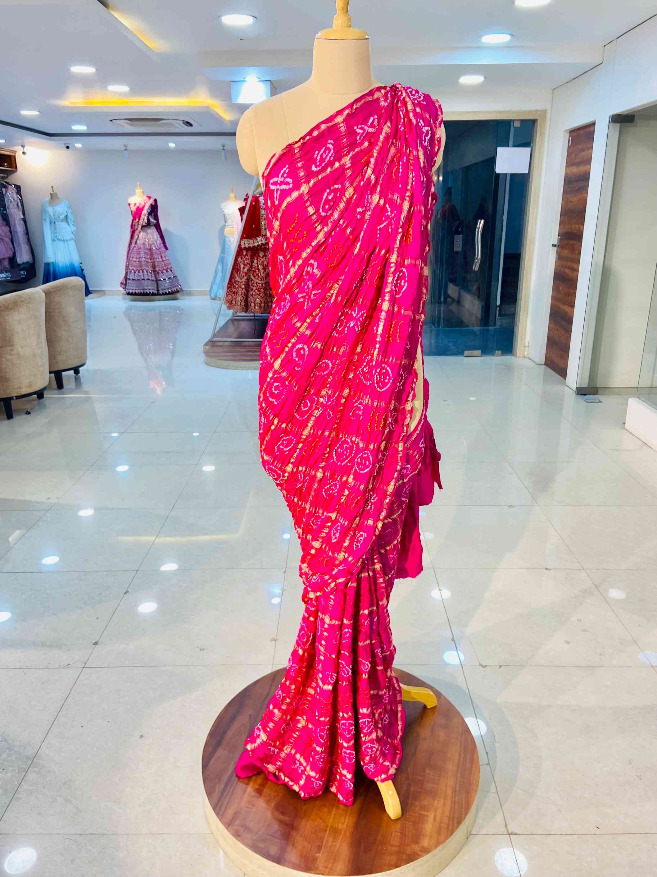 Pink Gajji Silk Bandhej Saree - Daabu Jaipur